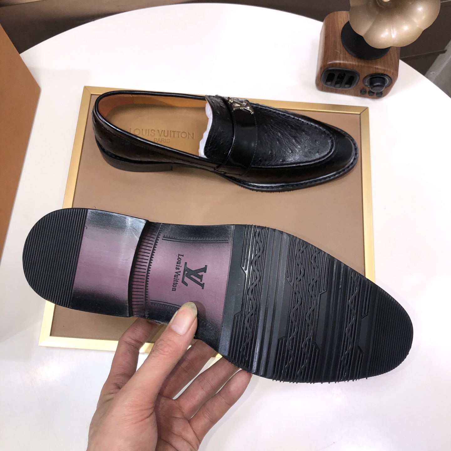 Louis Vuitton Men's Black Leather Loafers with Ostrich Skin Texture 8 i1745430052372 8753 0 6