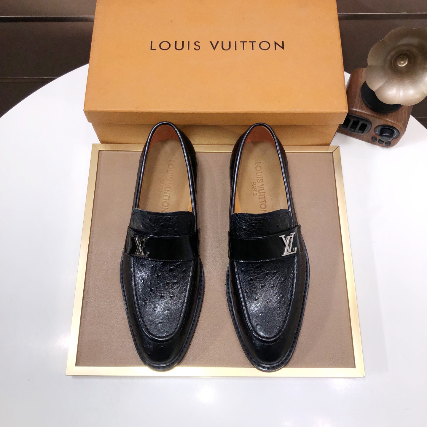 Louis Vuitton Men's Black Leather Loafers with Ostrich Skin Texture 2 i1745430052398 9079 0 0