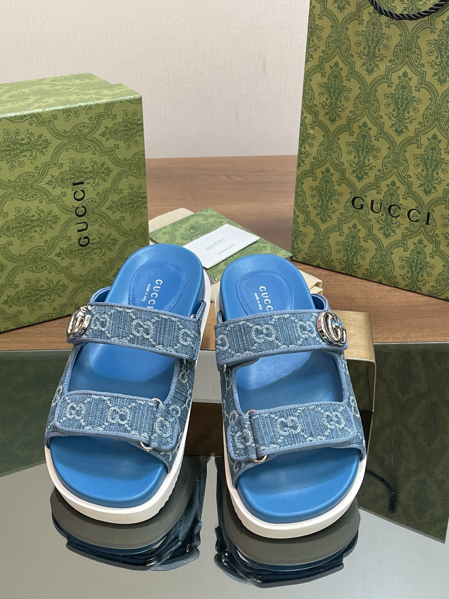 Gucci Scarpe Sandali Pantofole Negozio di lusso
 Verde Unisex Denim Tessuto Pizzo Gomma Pelle pecora Collezione Primavera Spiaggia