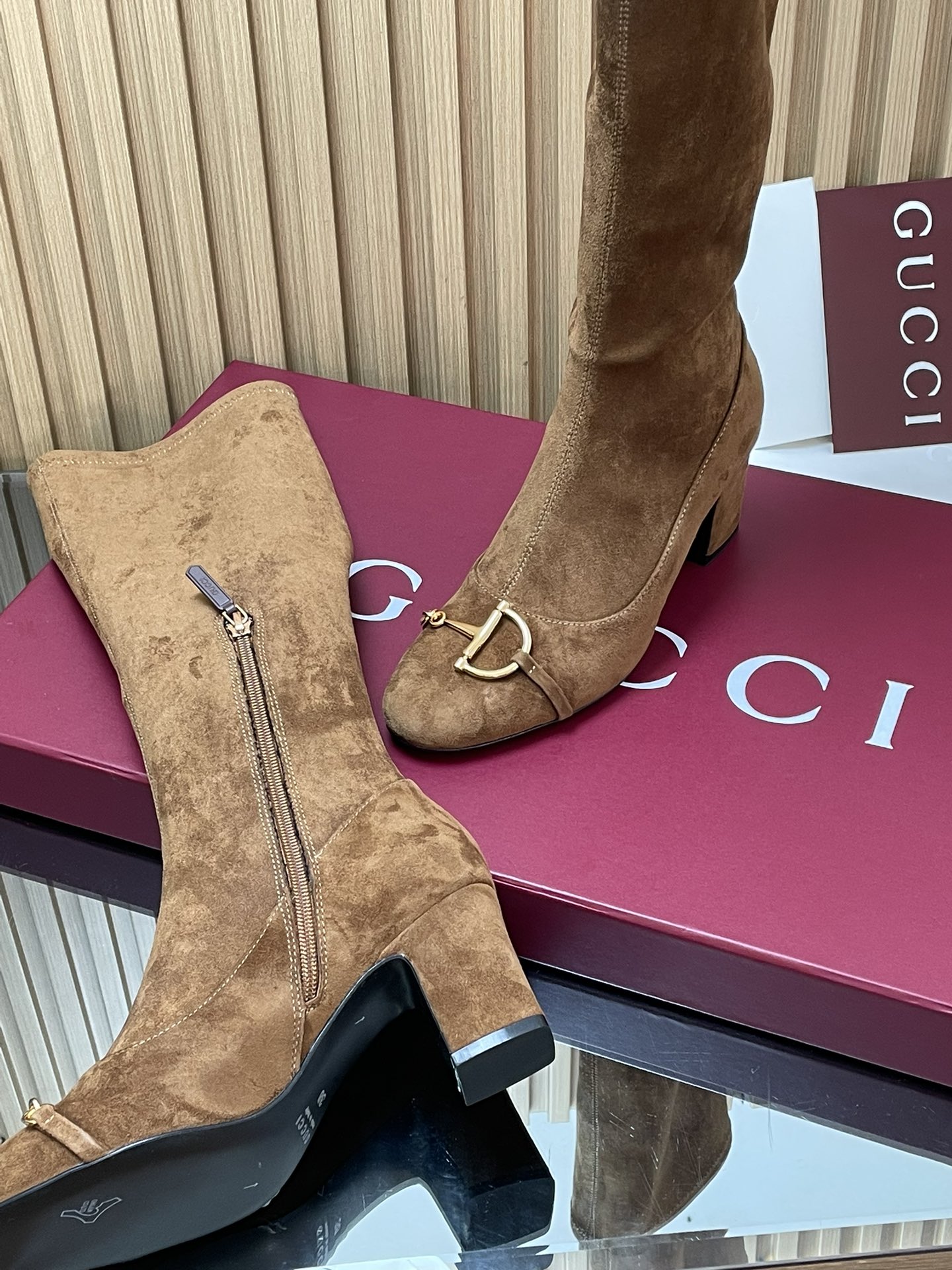 Gucci Suede Horsebit Stretch Knee High Block Heel 