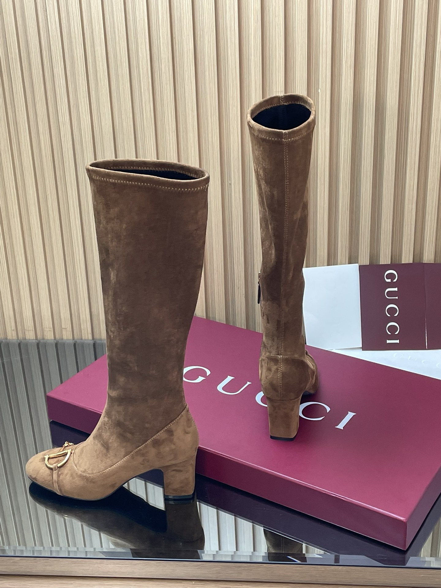 Gucci Suede Horsebit Stretch Knee High Block Heel 