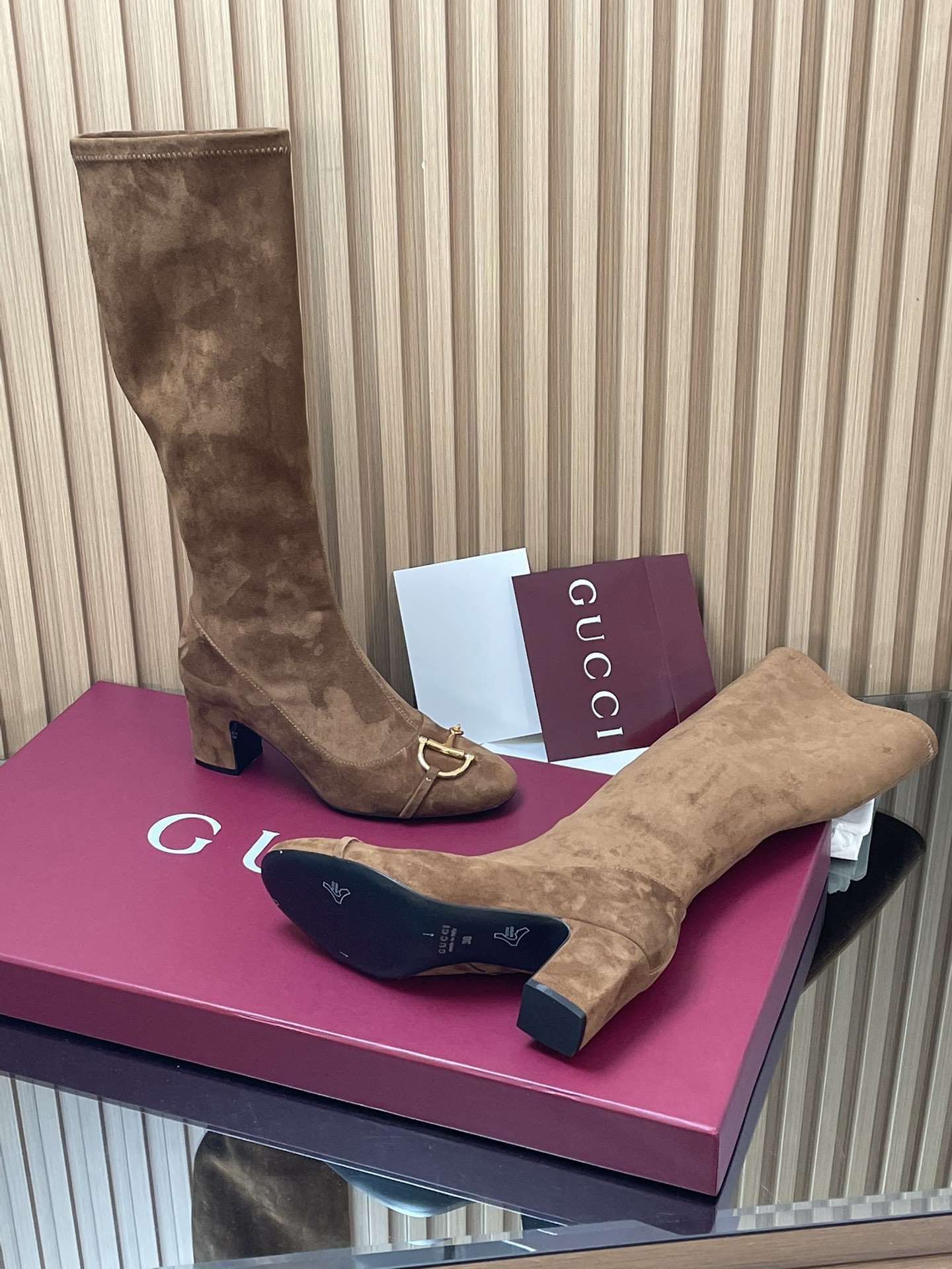 Gucci Suede Horsebit Stretch Knee High Block Heel 