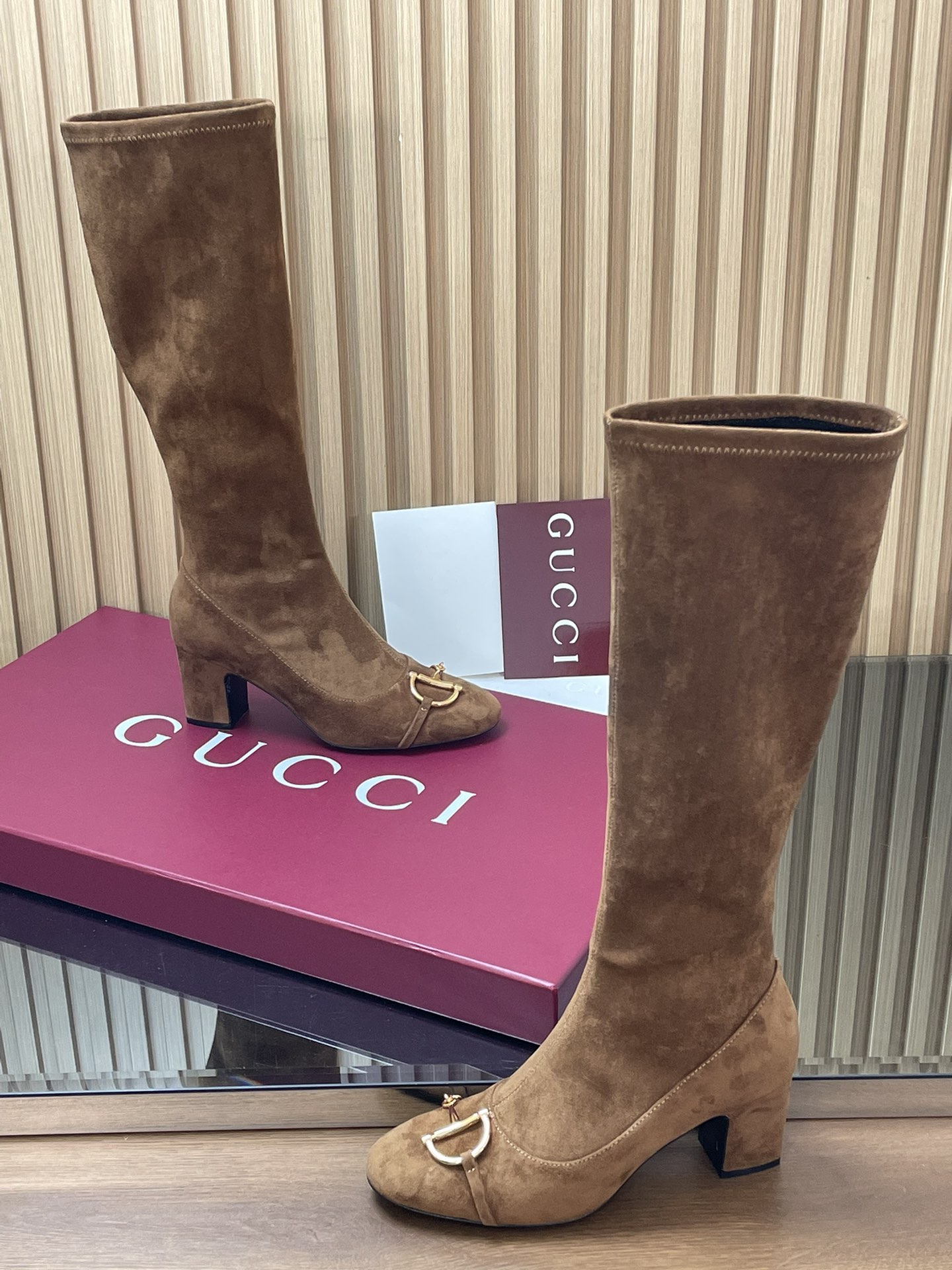 Gucci Suede Horsebit Stretch Knee High Block Heel 