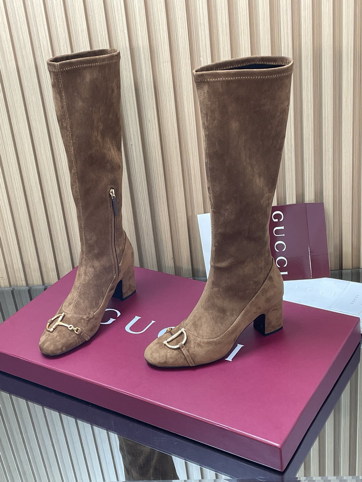 Gucci Suede Horsebit Stretch Knee High Block Heel 
