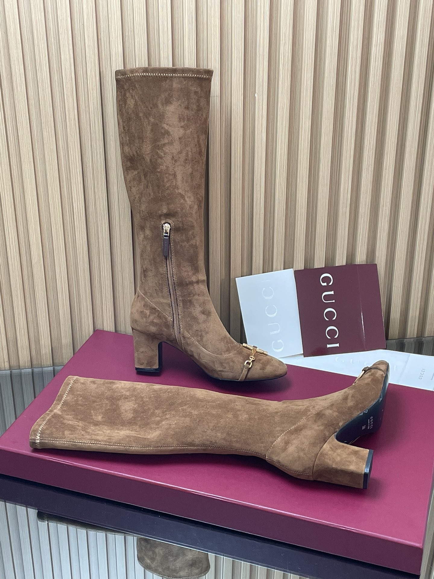 Gucci Suede Horsebit Stretch Knee High Block Heel 