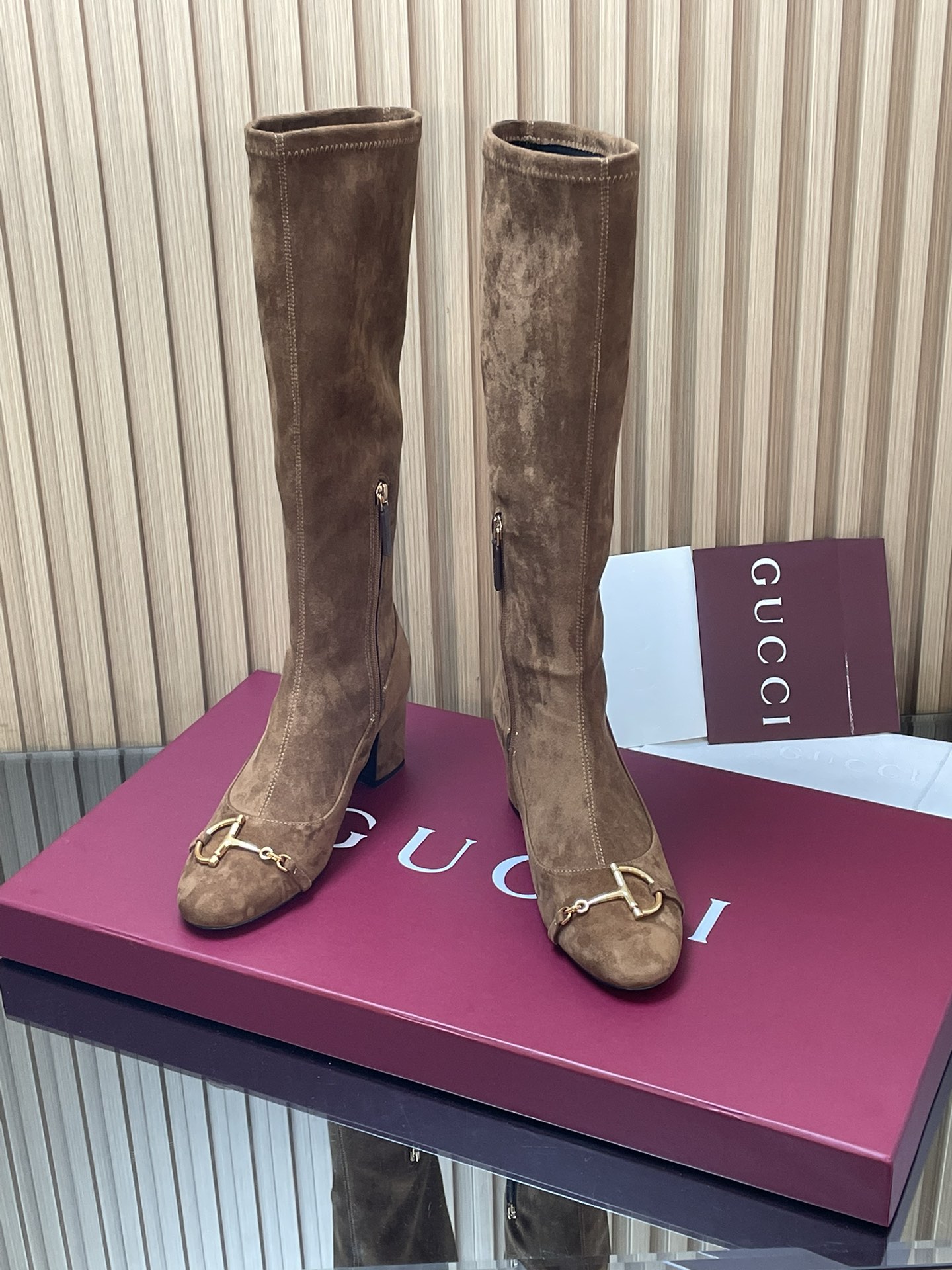 Gucci Suede Horsebit Stretch Knee High Block Heel 