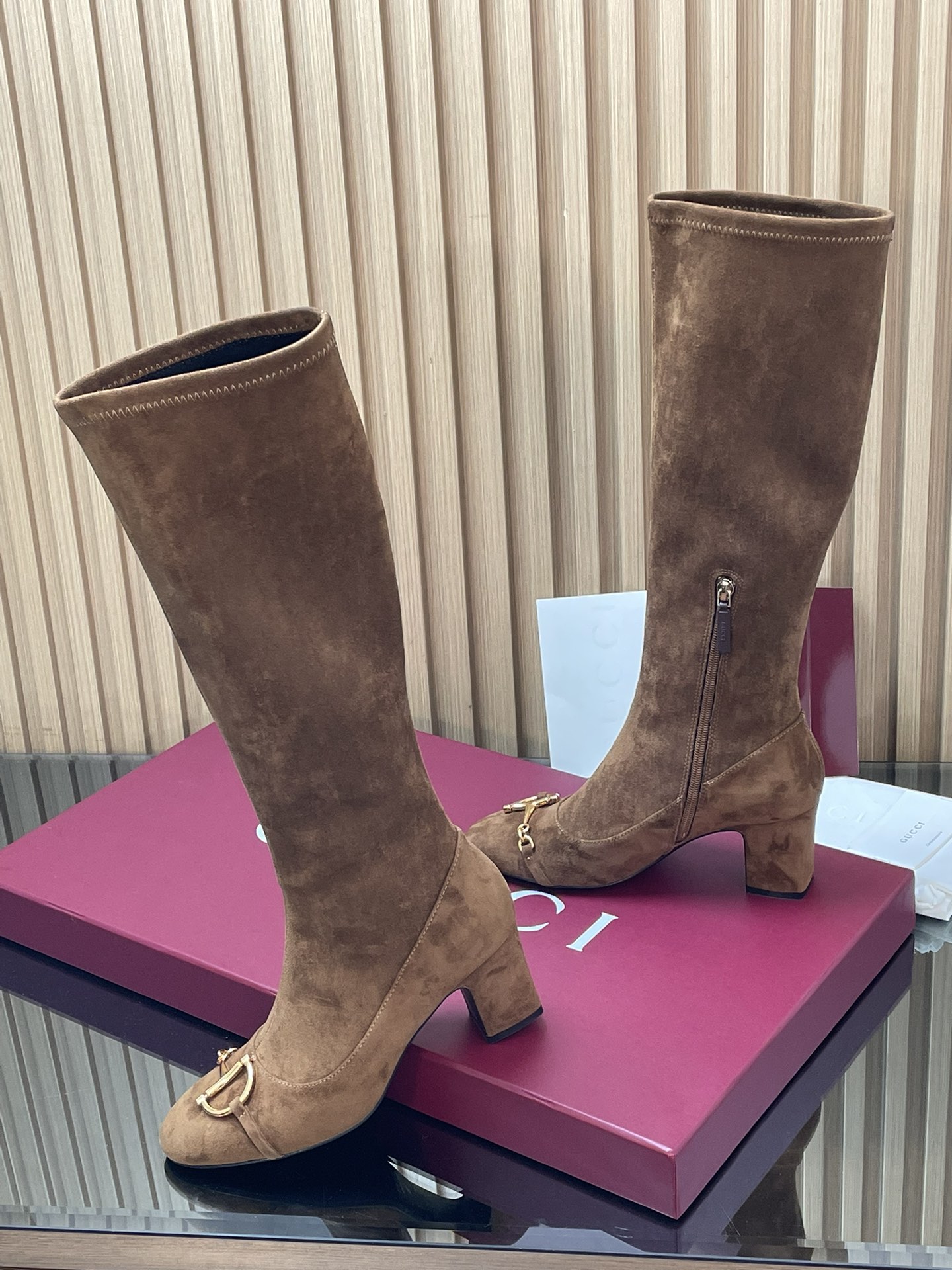 Gucci Suede Horsebit Stretch Knee High Block Heel 