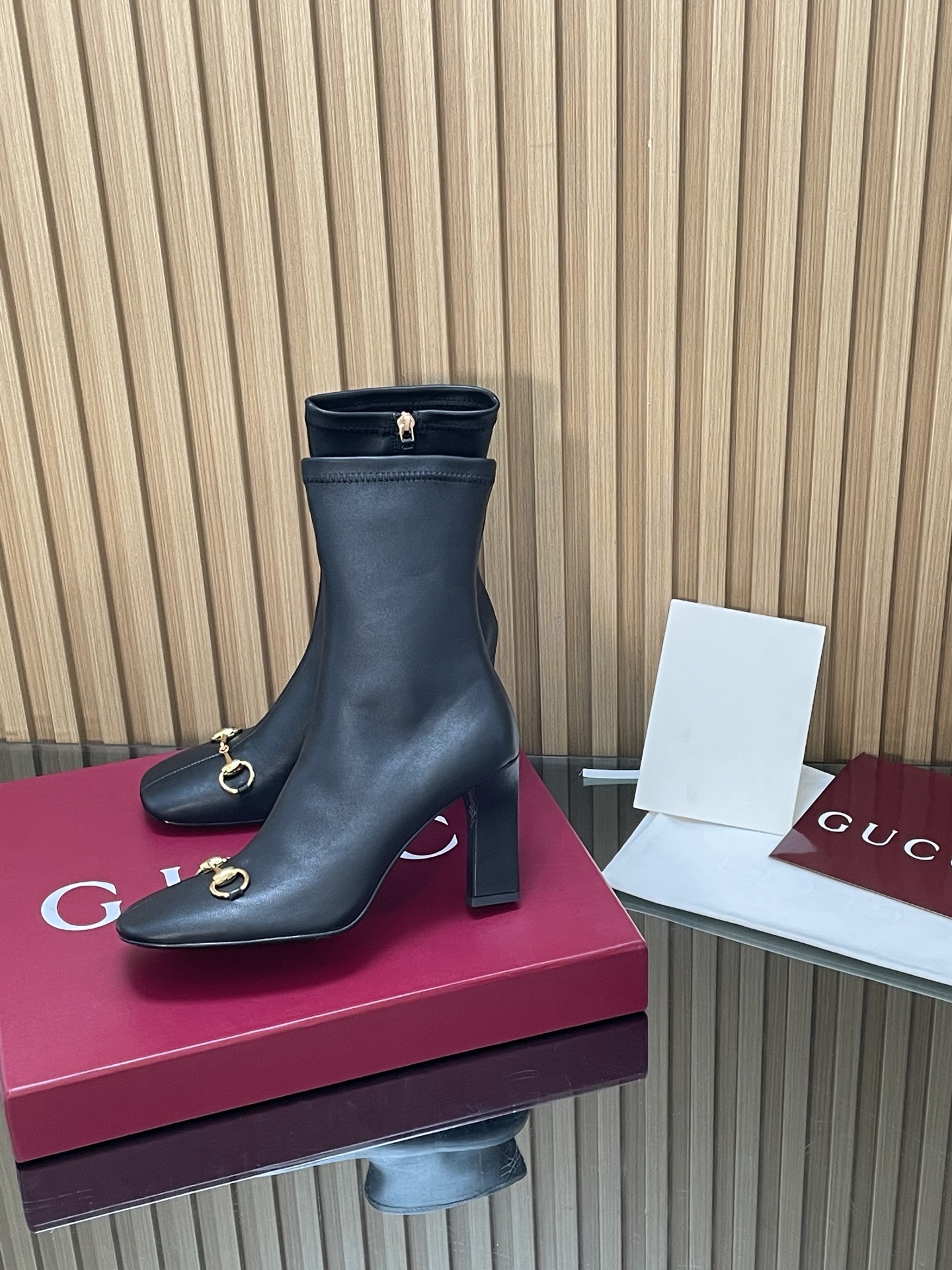 Horsebit Stretch Leather Block Heel Ankle Boots
