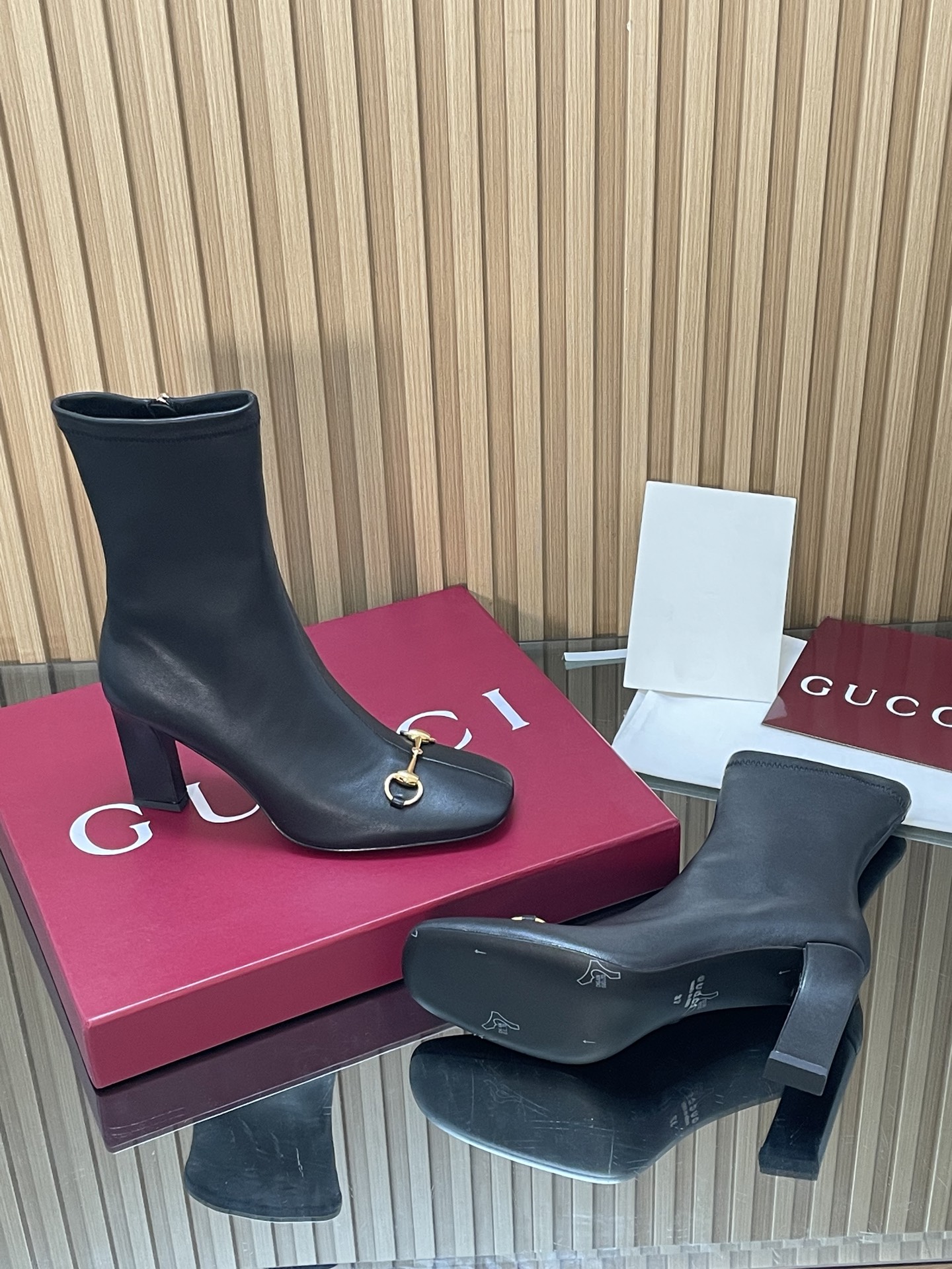 Horsebit Stretch Leather Block Heel Ankle Boots