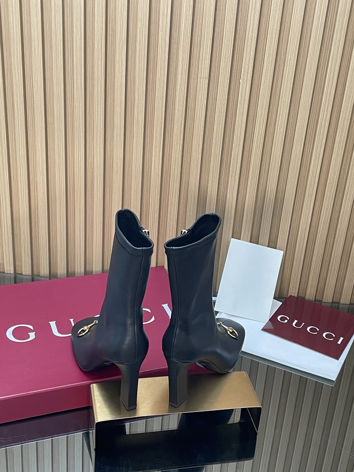 Horsebit Stretch Leather Block Heel Ankle Boots