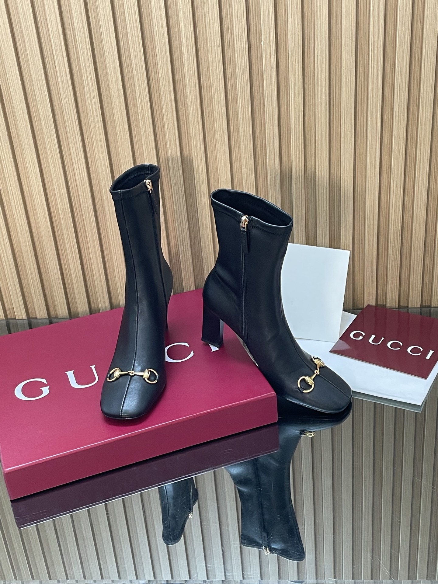 Horsebit Stretch Leather Block Heel Ankle Boots