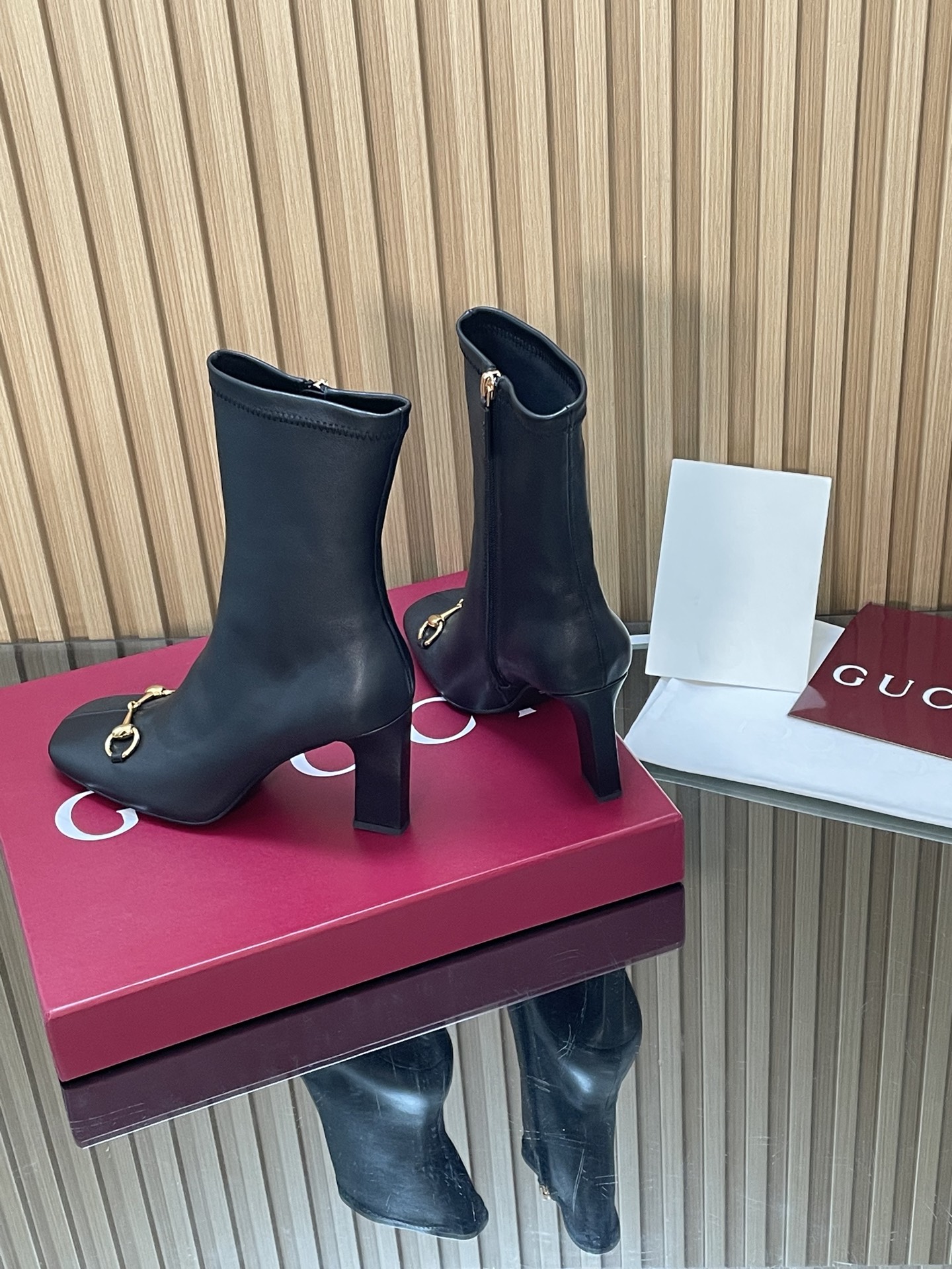 Horsebit Stretch Leather Block Heel Ankle Boots