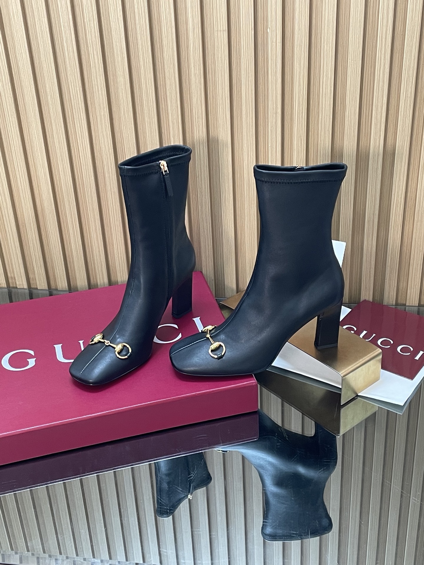 Horsebit Stretch Leather Block Heel Ankle Boots