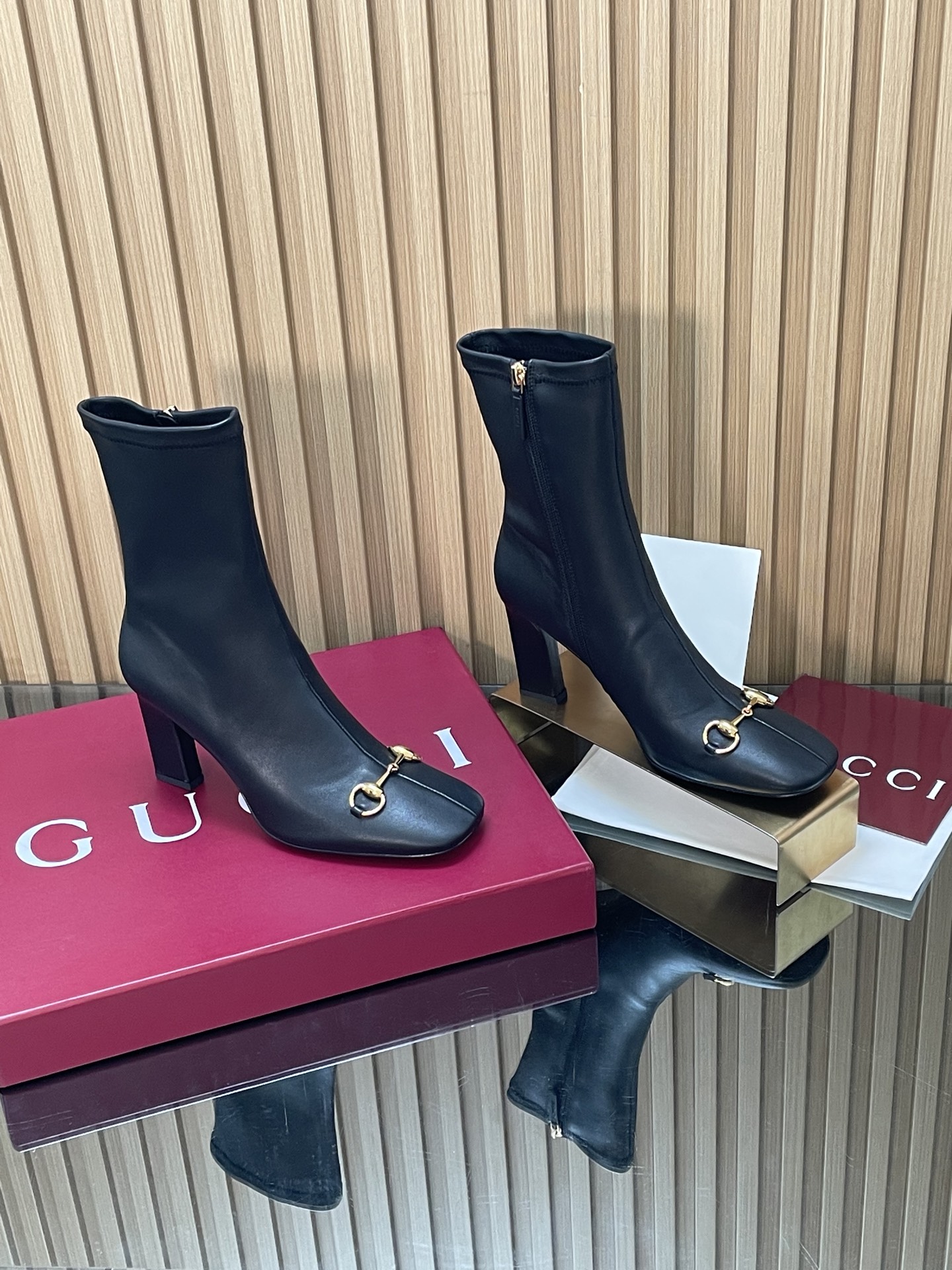 Horsebit Stretch Leather Block Heel Ankle Boots