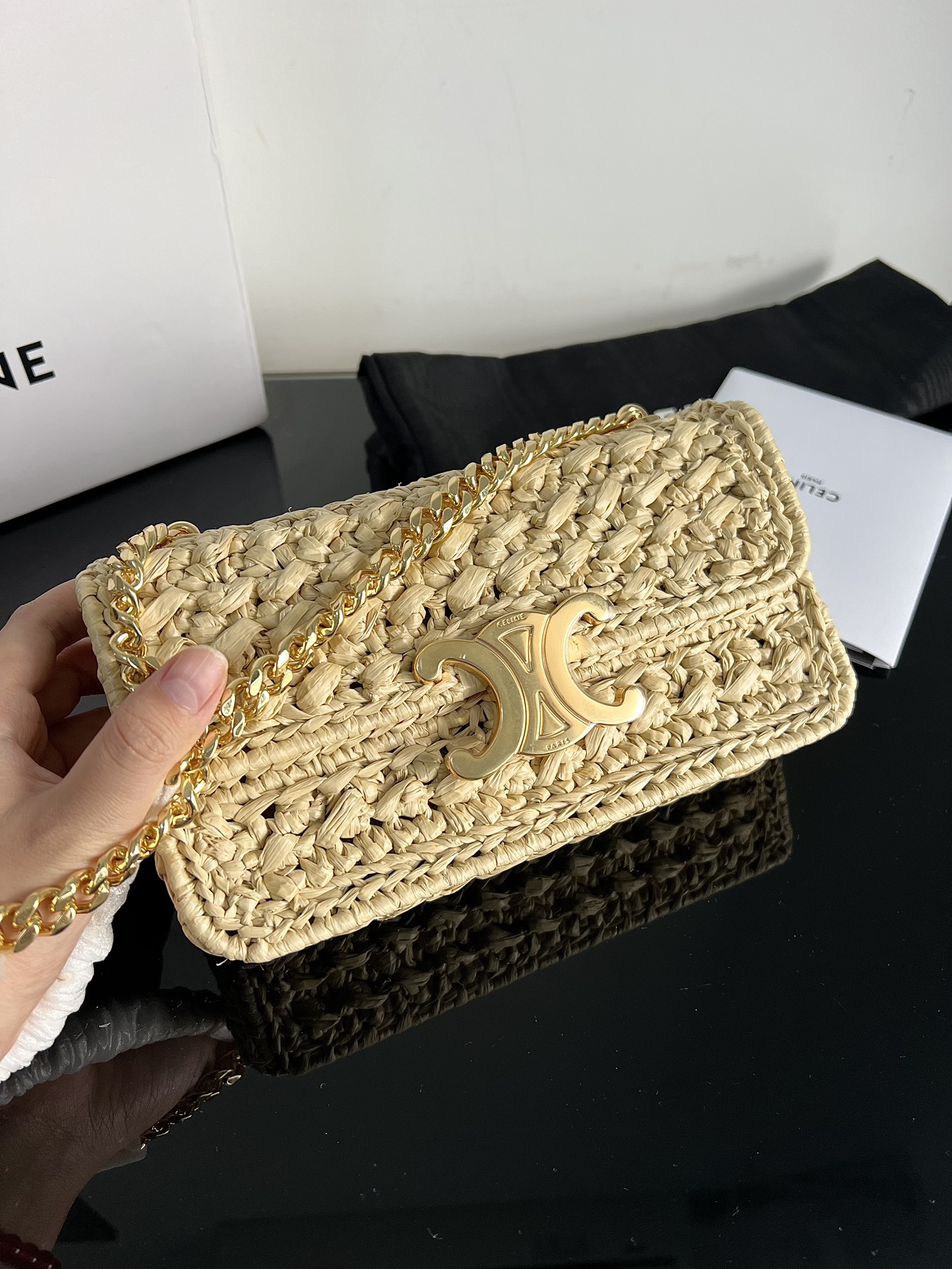 Advanced details Celine TRIOMPHE plant woven chain armpit bag handbag, the summer atmosphere is love at first sight, Plein Soleil #woven bag # ar