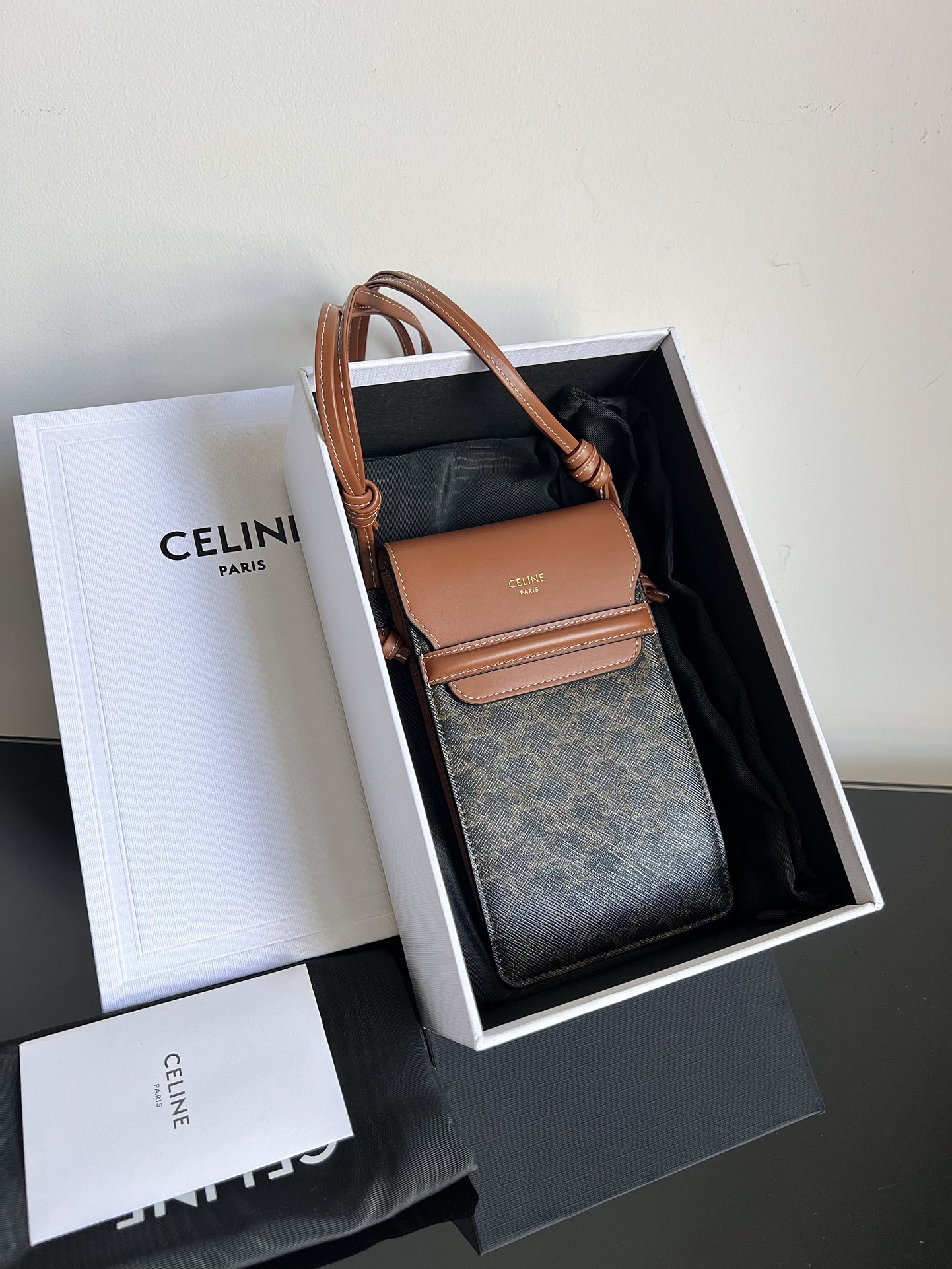 CELINE logo-print lambskin flap phone bag
