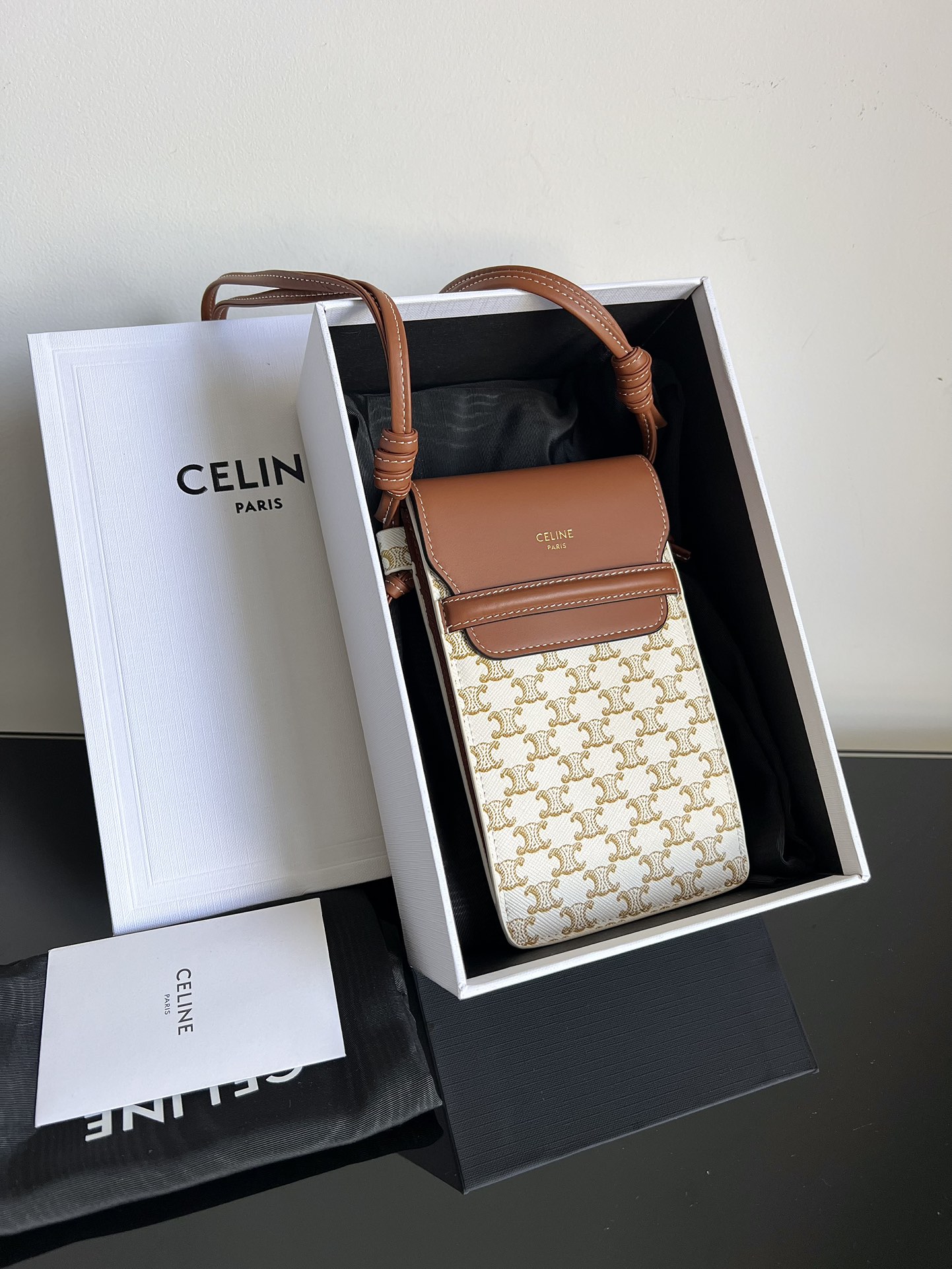 CELINE logo-print lambskin flap phone bag