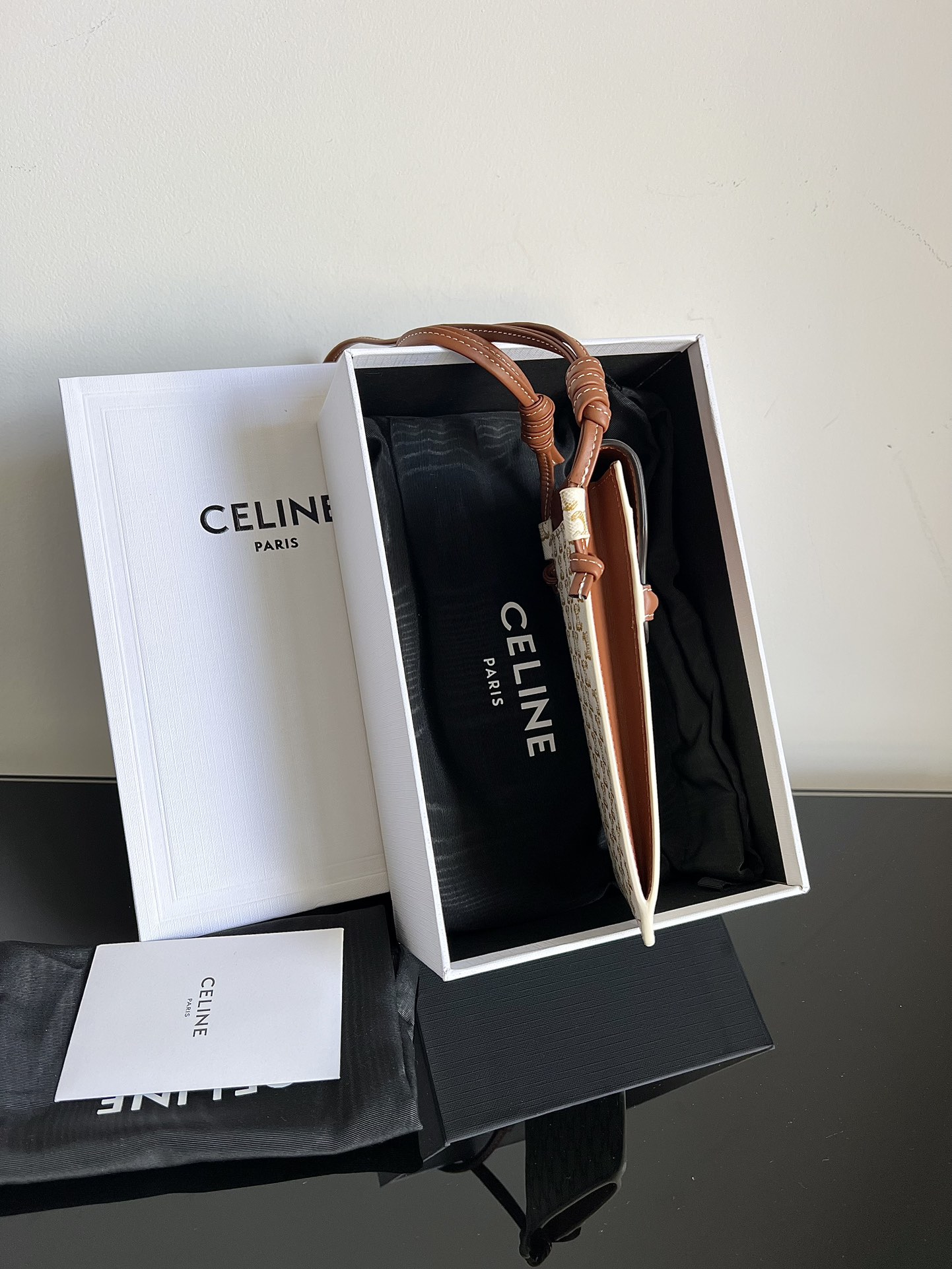 CELINE logo-print lambskin flap phone bag