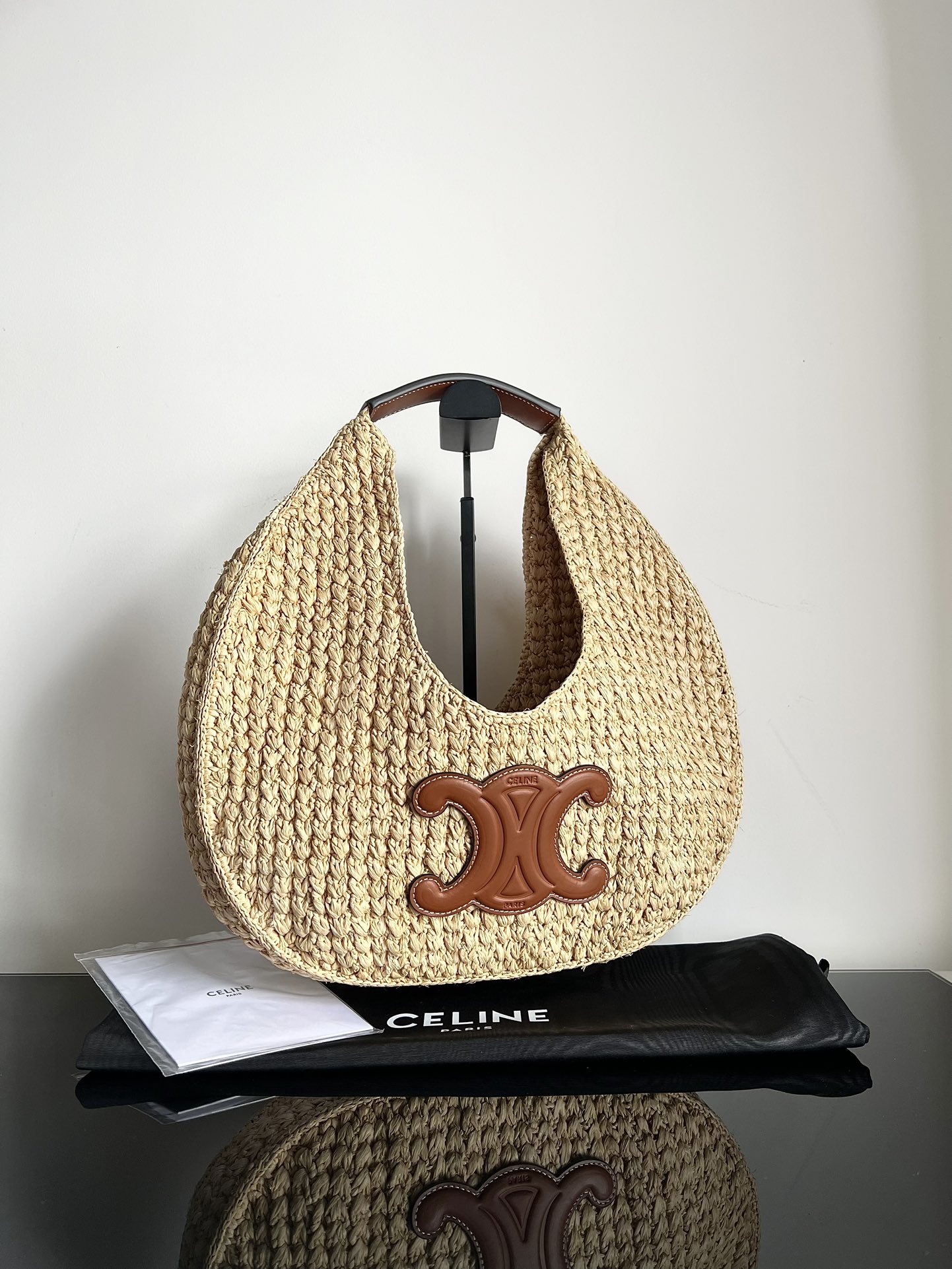 Celine imported straw frame embryo + original leather, straw woven moon bag CLASSIC PANIER plant material and cow leather HOBO handbag