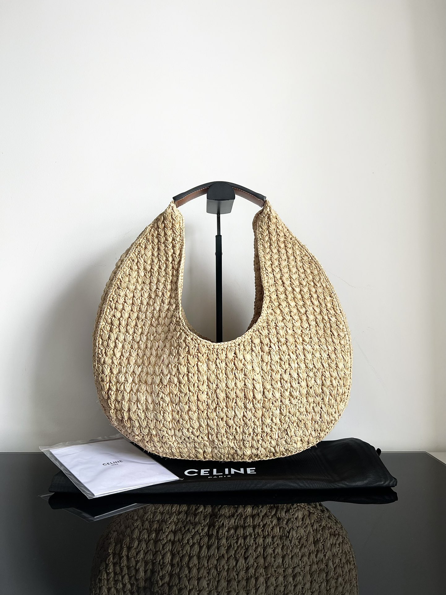 Celine imported straw frame embryo + original leather, straw woven moon bag CLASSIC PANIER plant material and cow leather HOBO handbag