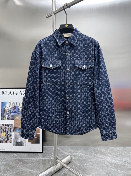 Gucci Denim Shirt Jacket with Allover GG Motif - Stylish & Versatile 1 Gucci Denim Shirt Jacket with Allover GG Motif – Stylish & Versatile