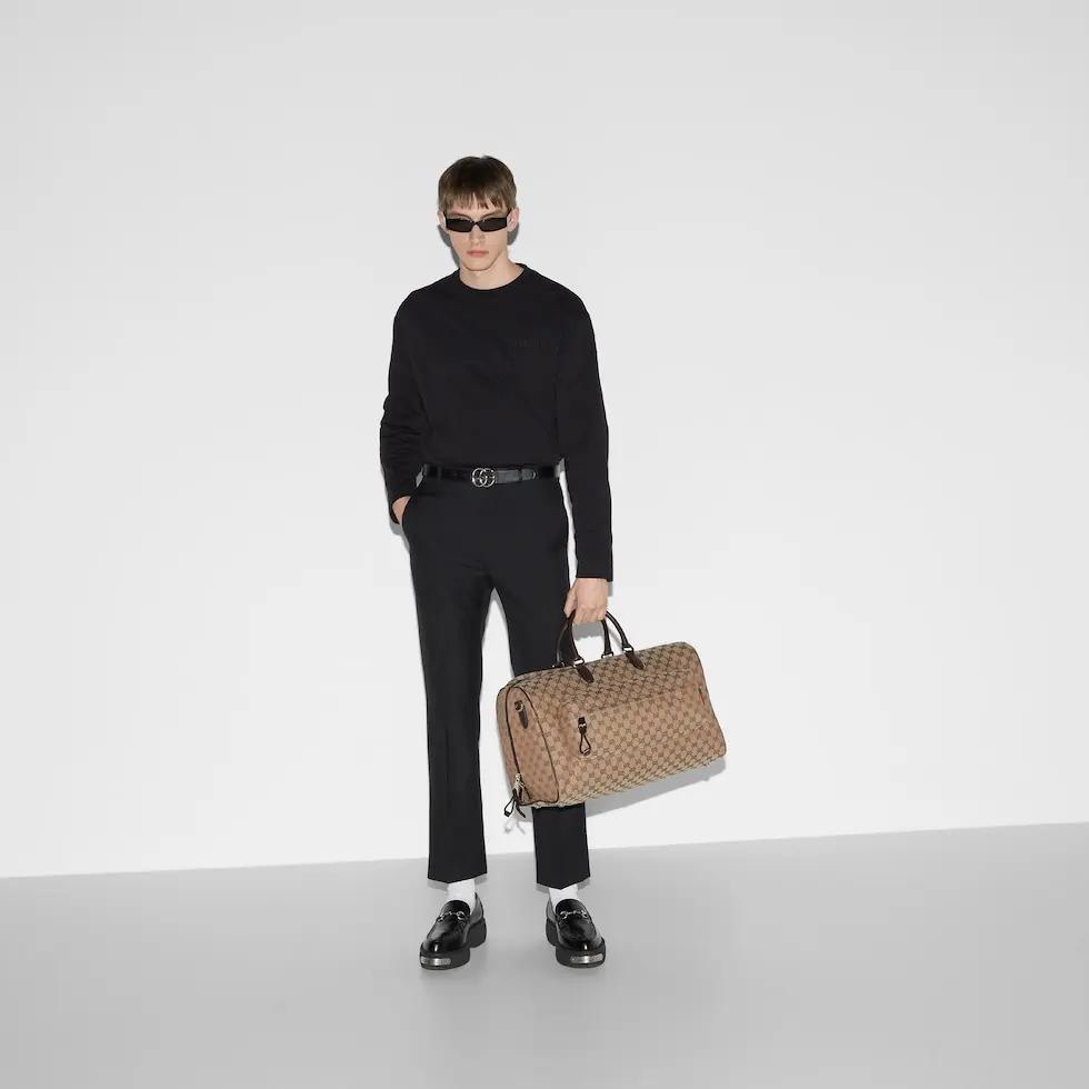 Gucci Duffle Travel Bag - Beige Fabric & Brown Leather Trim - 45x28x24cm