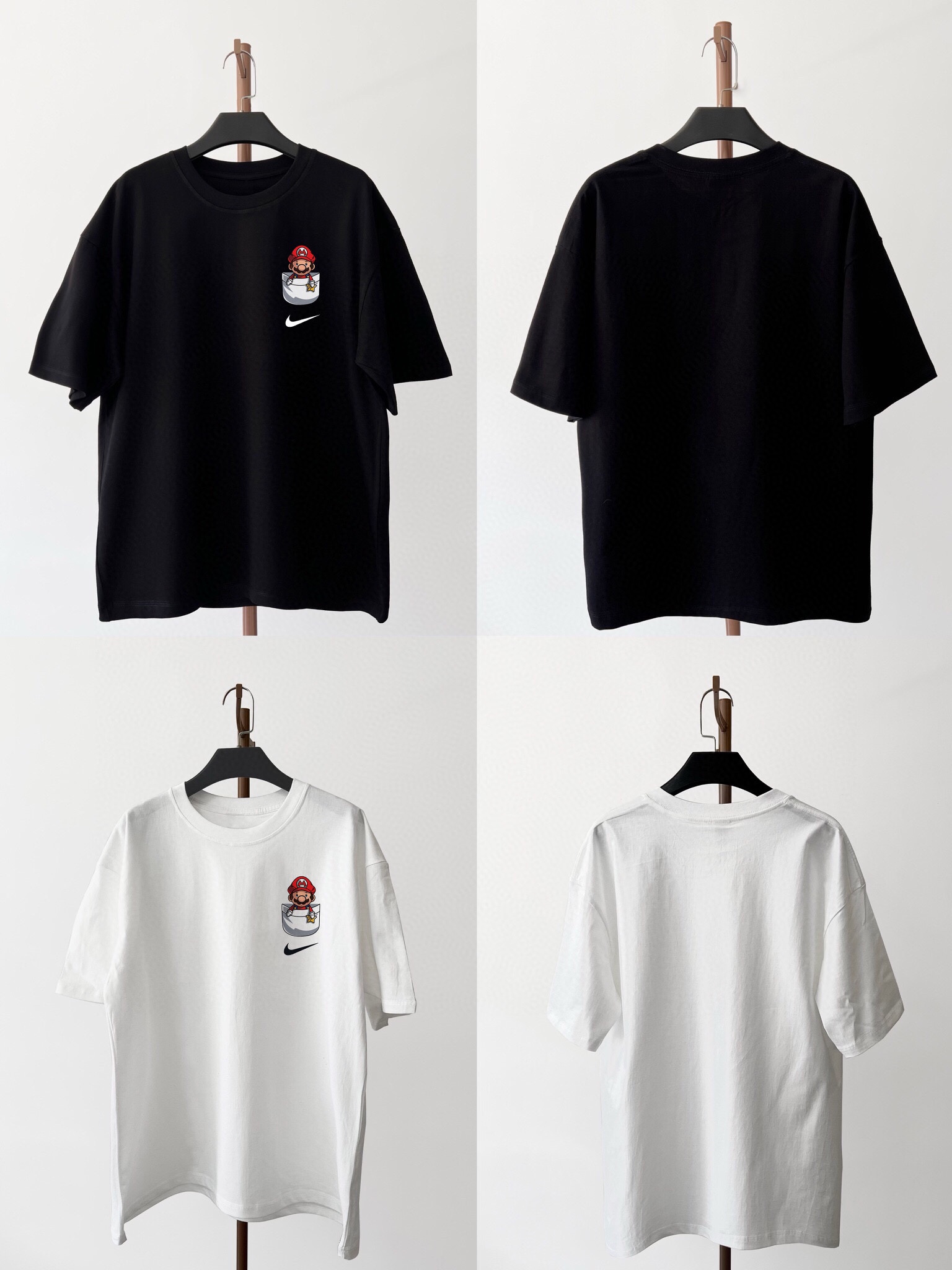 🛒购物价：30💰[原标包装吊牌采用纯棉200克.印花版本]2-3天左右物流不接急单. NIKE 耐克 超级玛丽 马里奥 小口袋 户外运动休闲 短袖T恤 男女同款 情侣款
 手感非常舒服  
春夏最新砖柜同步 OS落肩版型 时尚又个性  超级百搭好看的一款                
男女都非常合适  人手必备款 
吊牌 领标 水洗麦 三标齐全
颜色:黑色 白色
尺码:M-5XL