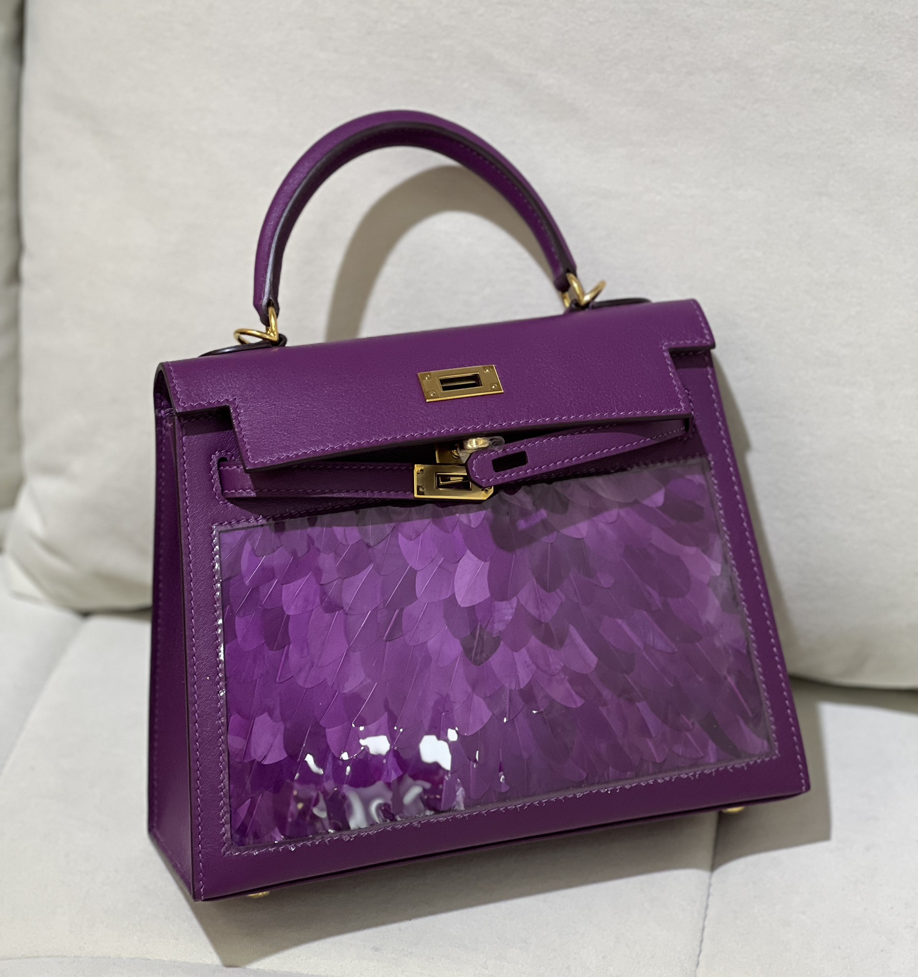 Kelly 25cm Swift Leather Bag with Feathers - Anemone Purple & Gold Hardware 8 i1730013123 1212 6