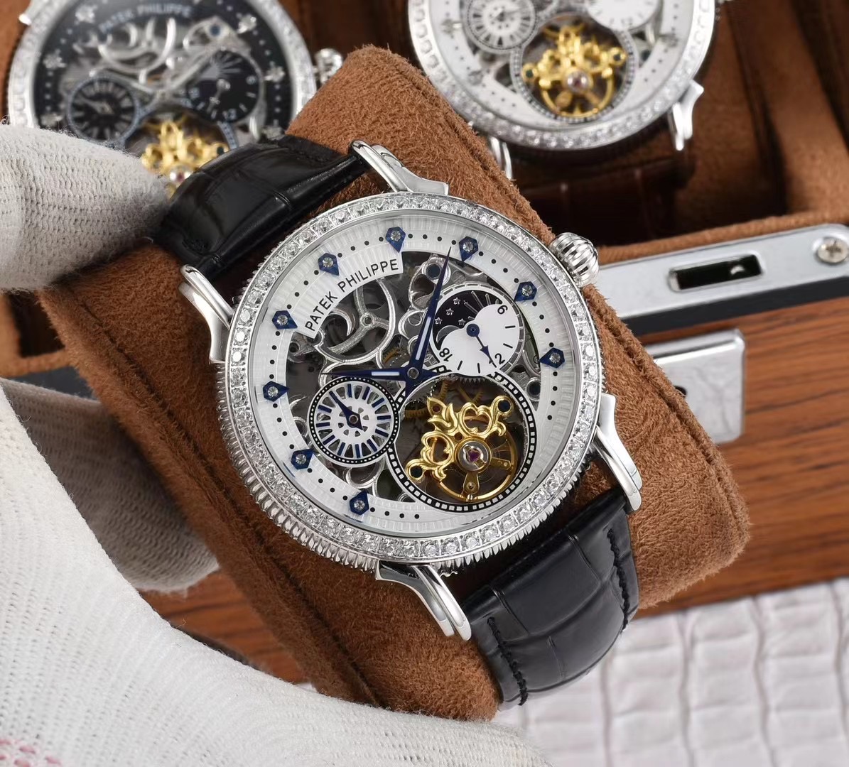 NO:602089,Patek hilie boutique men's watch, exquisitely crafted, selected tourbillon, extraordinary charm, hollow design, day and night alternation of sun, moon and stars, showing exquisite details and superb skills, equipped with multi-functional fully automatic mechanical movement, top-grade 316 stainless steel case, imported calfskin strap, mineral super mirror, size 43x13mm noble model, gentleman style, symbol of status, show your unique taste!,, patek hilie  philippe,cowhide19860909百达翡丽(atek hilie 精品男士腕表,精雕细琢,陀飞轮精选,魅力不凡,镂空设计,日月星辰昼夜交替,尽显精致细节与高超技艺,搭载多功能全自动机械机芯,顶级316精钢表壳,进口小牛皮表带,矿物质超强镜面,尺寸43x13mm尊贵典范,绅士风范,身份的象征,展现你的独特品味！,,patek philippe,cowhide,Watch