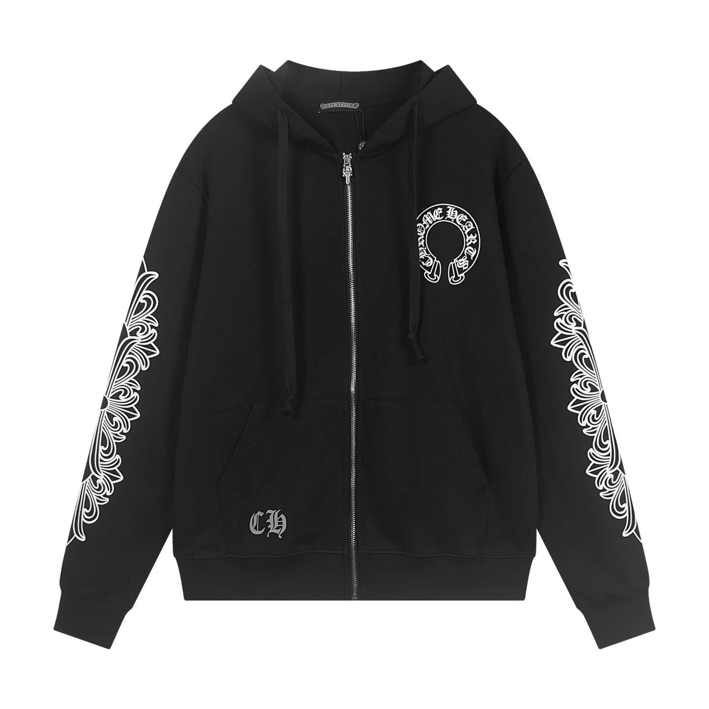 Chrome Hearts Horseshoe Floral Arm Print Zip-Up Hoodie Black OS Fit