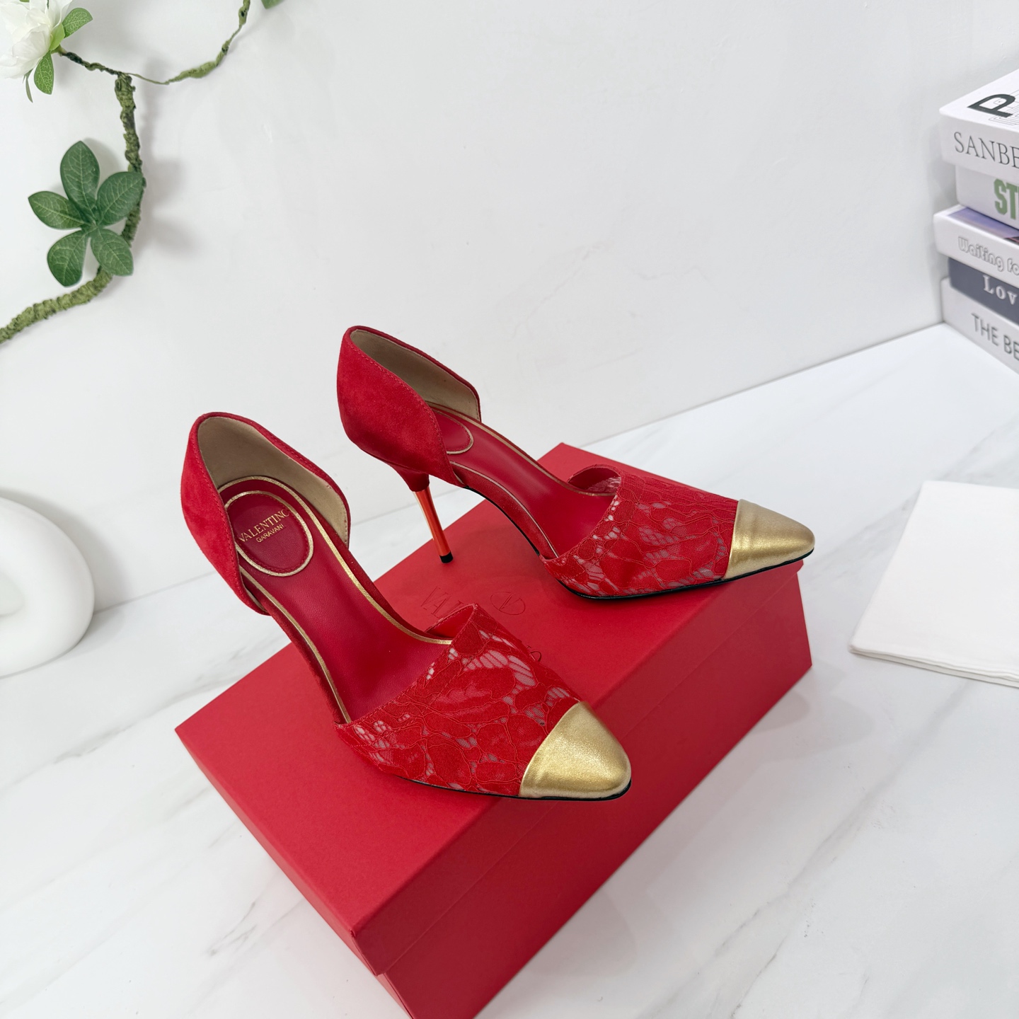 Valentino Red Lace Cap Toe Pumps