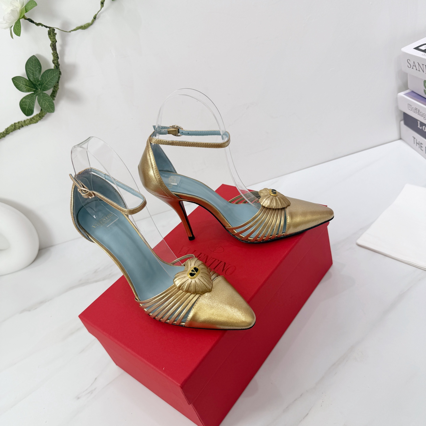 Valentino Gold Ruched Ankle Strap Pumps