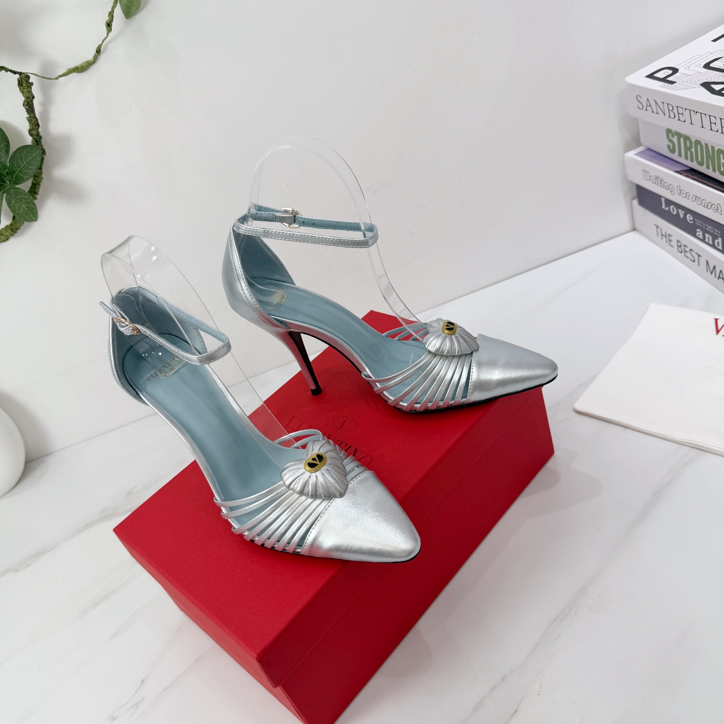 Valentino Silver Ruched Ankle Strap Pumps
