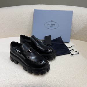 Prada Loafers Platform Shoes Calfskin Cowhide PU Silk