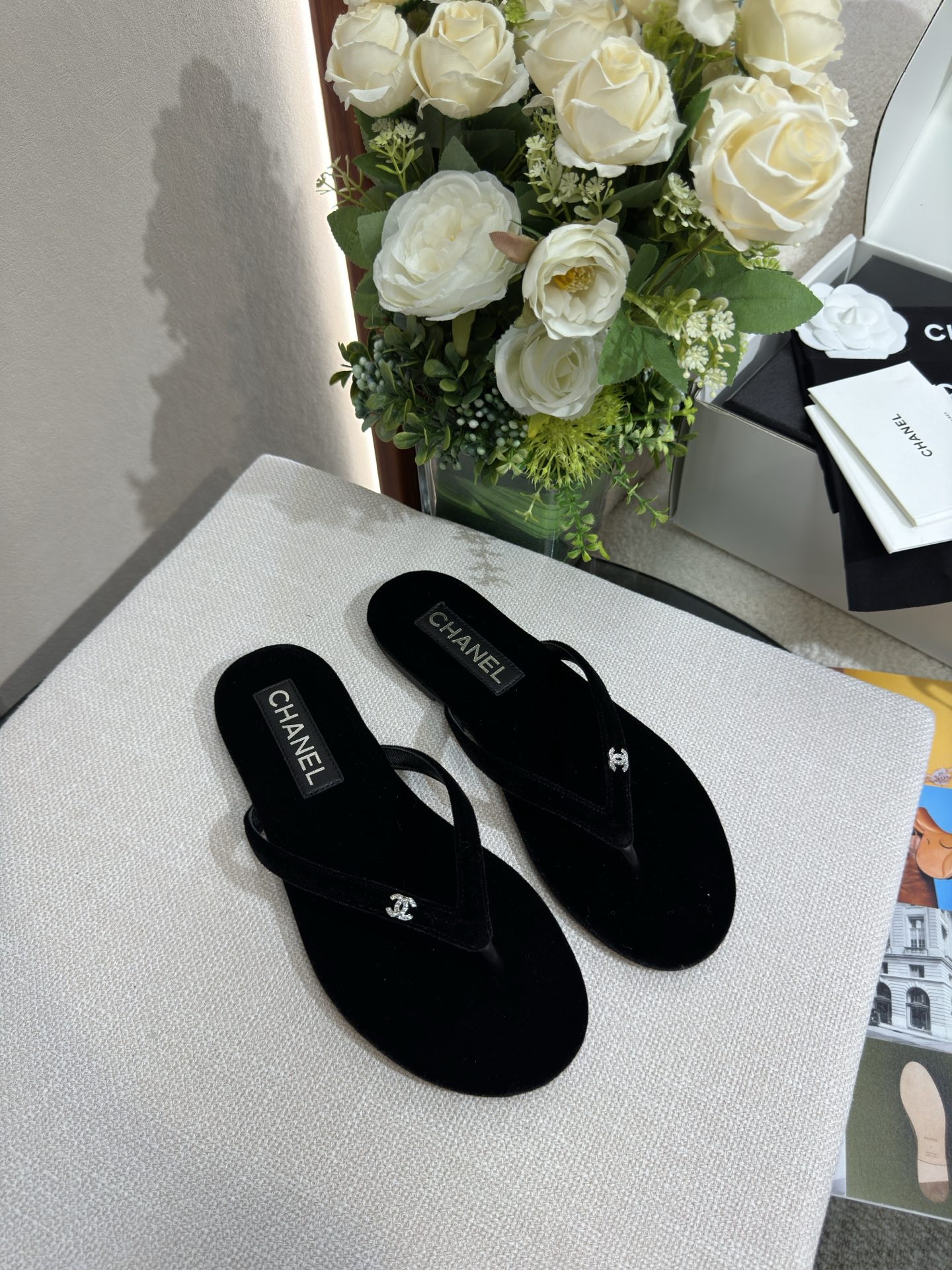 Chanel Shoes Flip Flops Set With Diamonds Denim Genuine Leather Lambskin Sheepskin Silk Spring/Summer Collection
