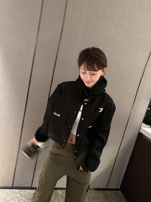 Celine Printed Cropped Jacket Stylish, Elegant Coat, Black and White, S-L 1 Celine Printed Cropped Jacket Stylish, Elegant Coat, Black and White, S-L