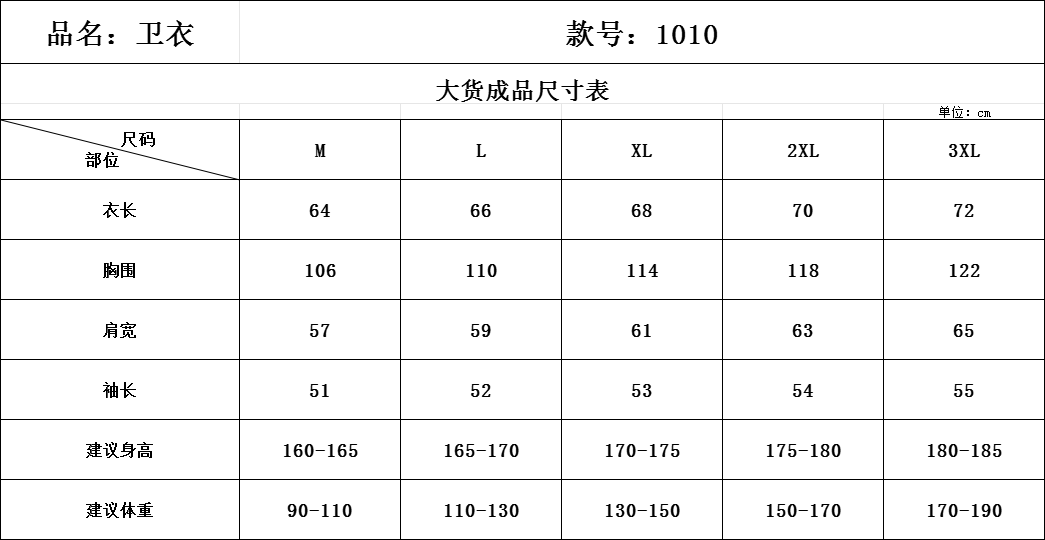 1010 style size chart P100