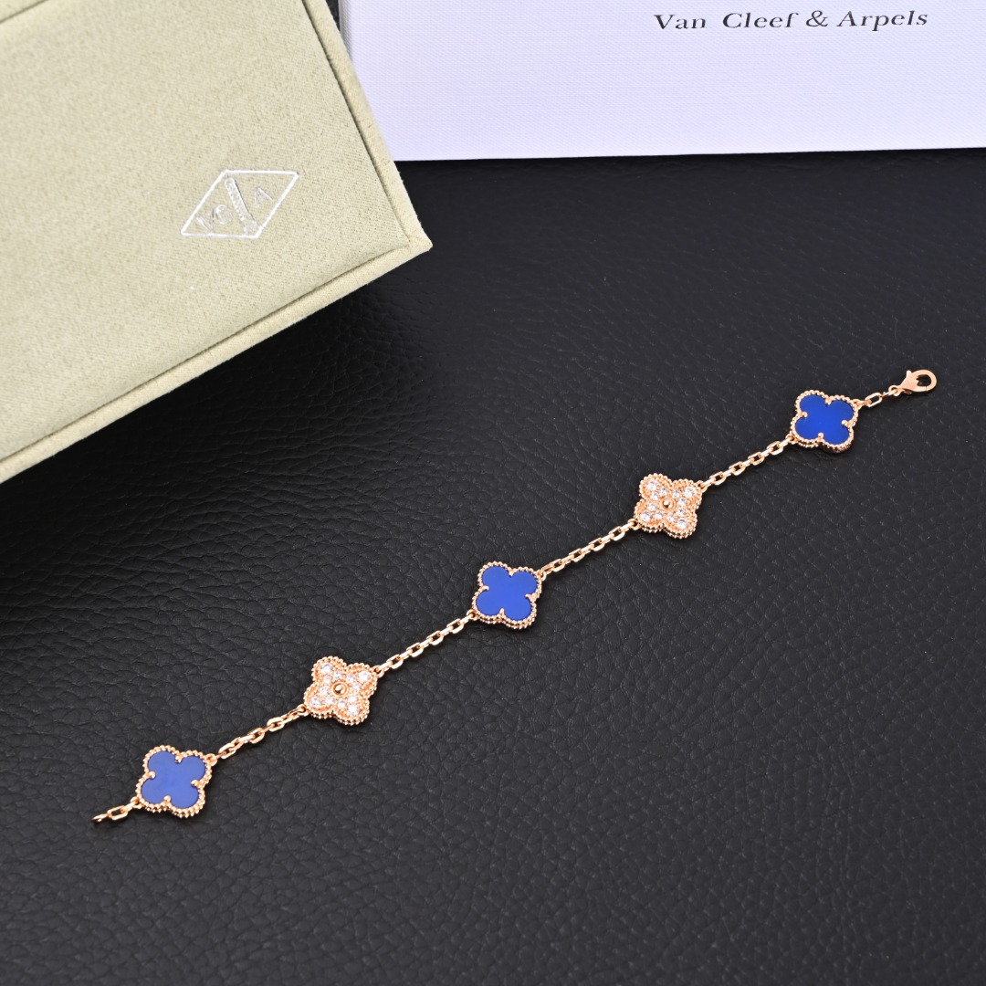 Van Cleef Arpels梵克雅宝VCA 蓝贝母间钻四叶草五花手链 附包装