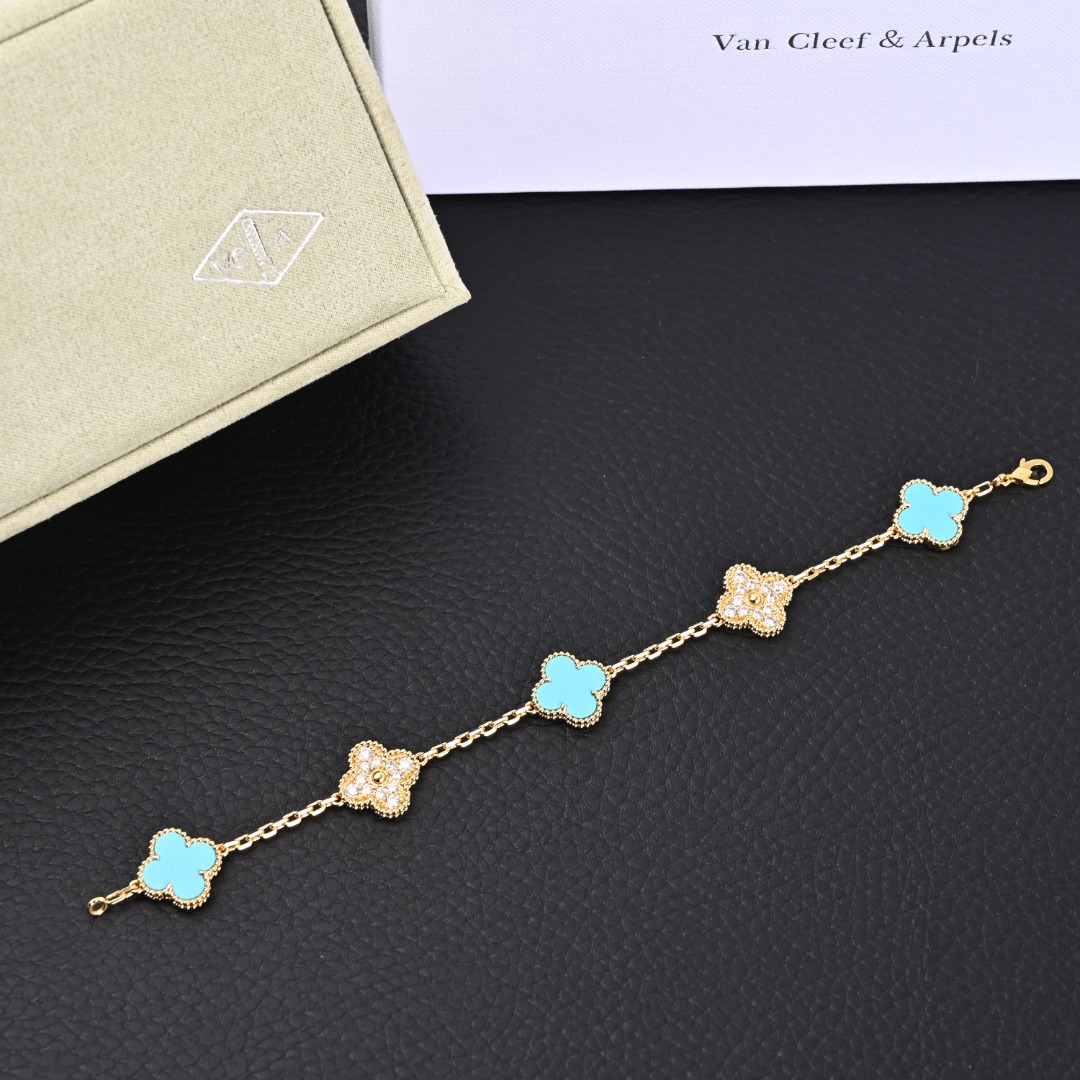 Van Cleef Arpels梵克雅宝VCA 湖水绿贝母间钻四叶草五花手链 附包装