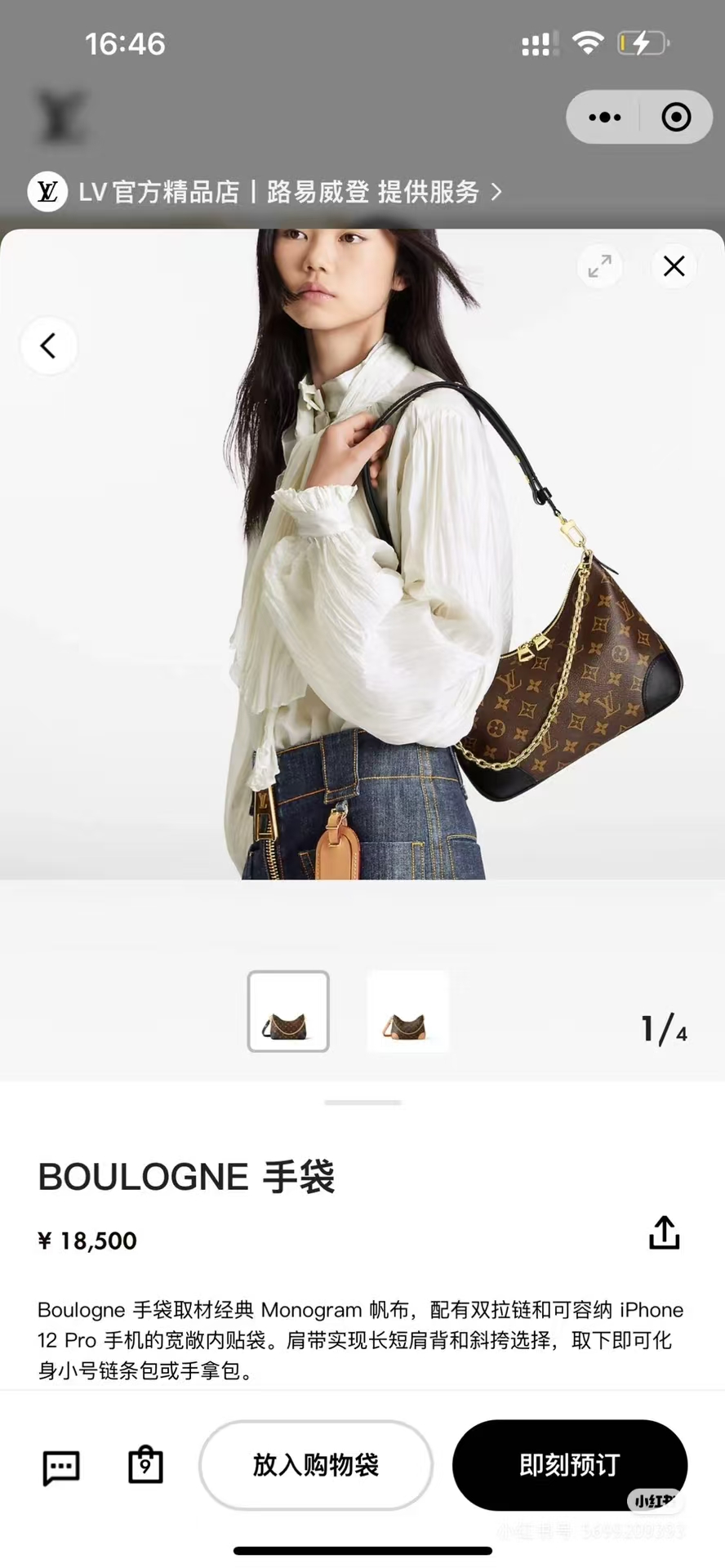 LOUIS VUITTON路易威登LV Boulogne老花黑牛角包腋下单肩斜挎包 芯片款M45831  上身参考
LV包包