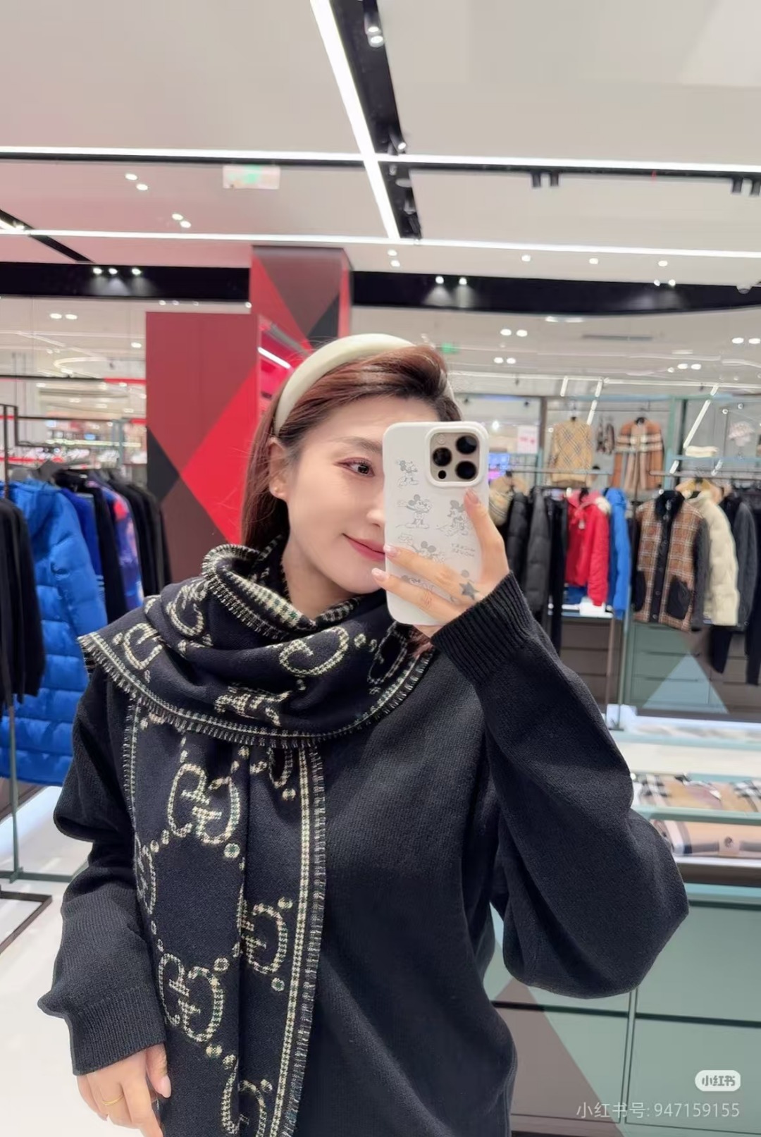 Gucci古驰GUC 大logo格纹老花双面羊毛长围巾 黑绿色 上身参考