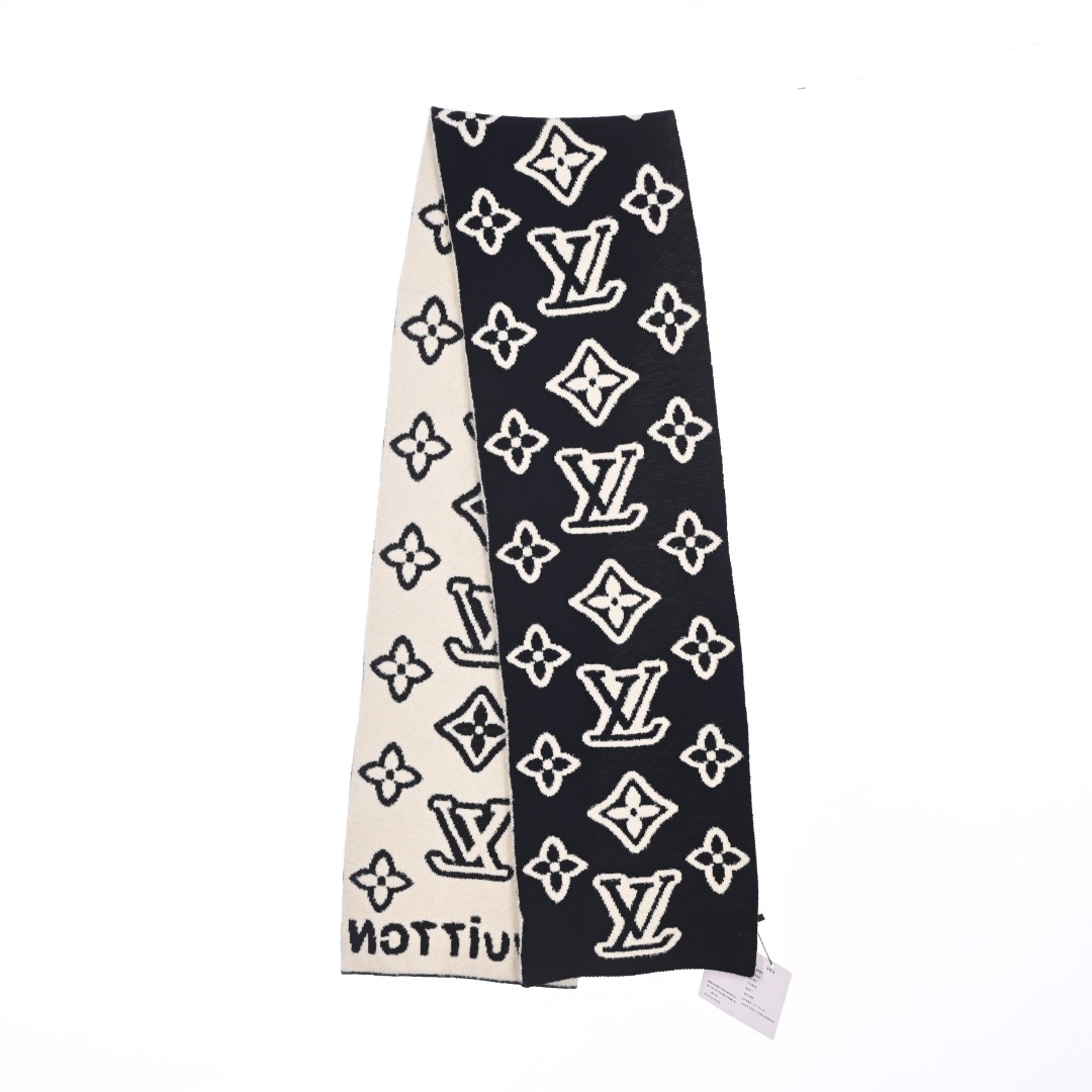 LOUIS VUITTON LV 绵羊毛黑白浮雕logo绒线围巾M96936