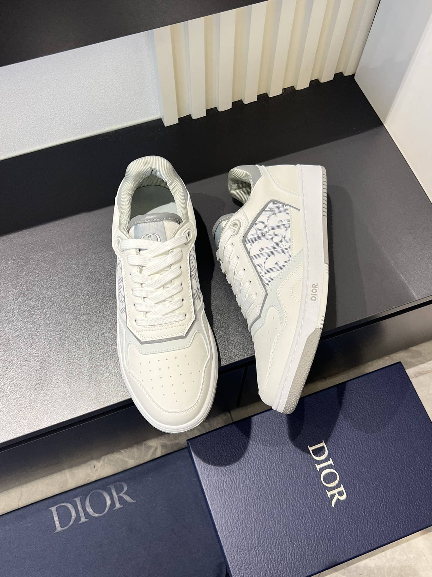 Dior B27 Low-Top Sneakers: Gray and White Leather with Oblique Print 5 i1717491294 1954 0