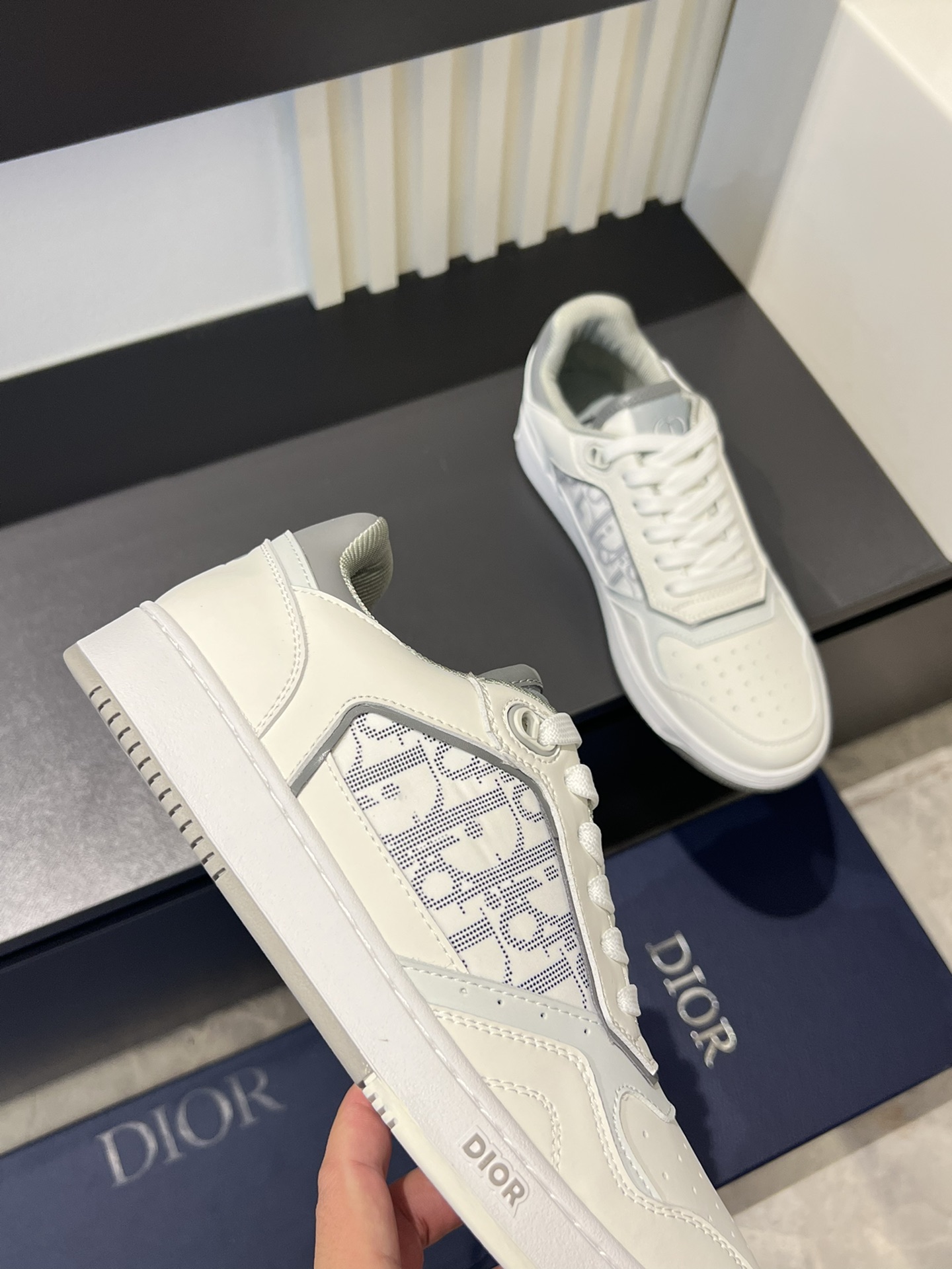 Dior B27 Low-Top Sneakers: Gray and White Leather with Oblique Print 9 i1717491294 9012 2