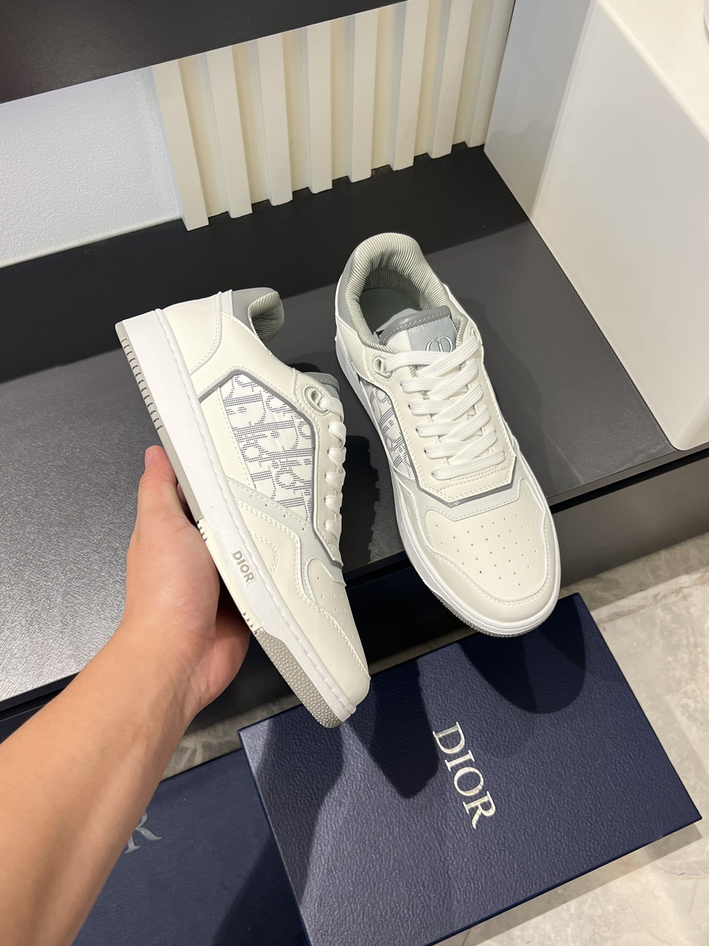 Dior B27 Low-Top Sneakers: Gray and White Leather with Oblique Print 7 i1717491295 1501 4