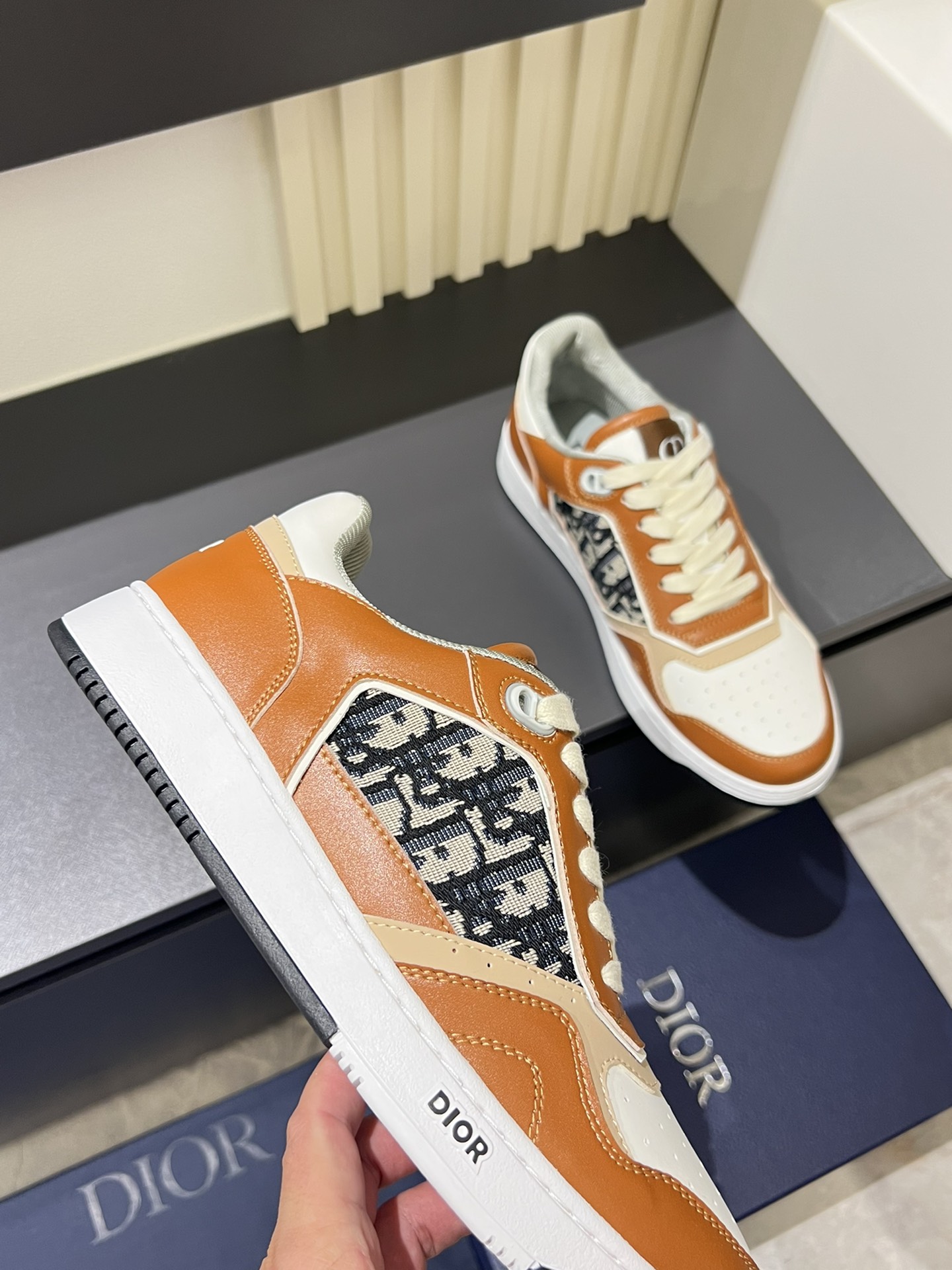 Dior B27 Low-Top Sneaker: Beige and Black Oblique Print, Brown Leather Trim 9 i1717492796 1026 2