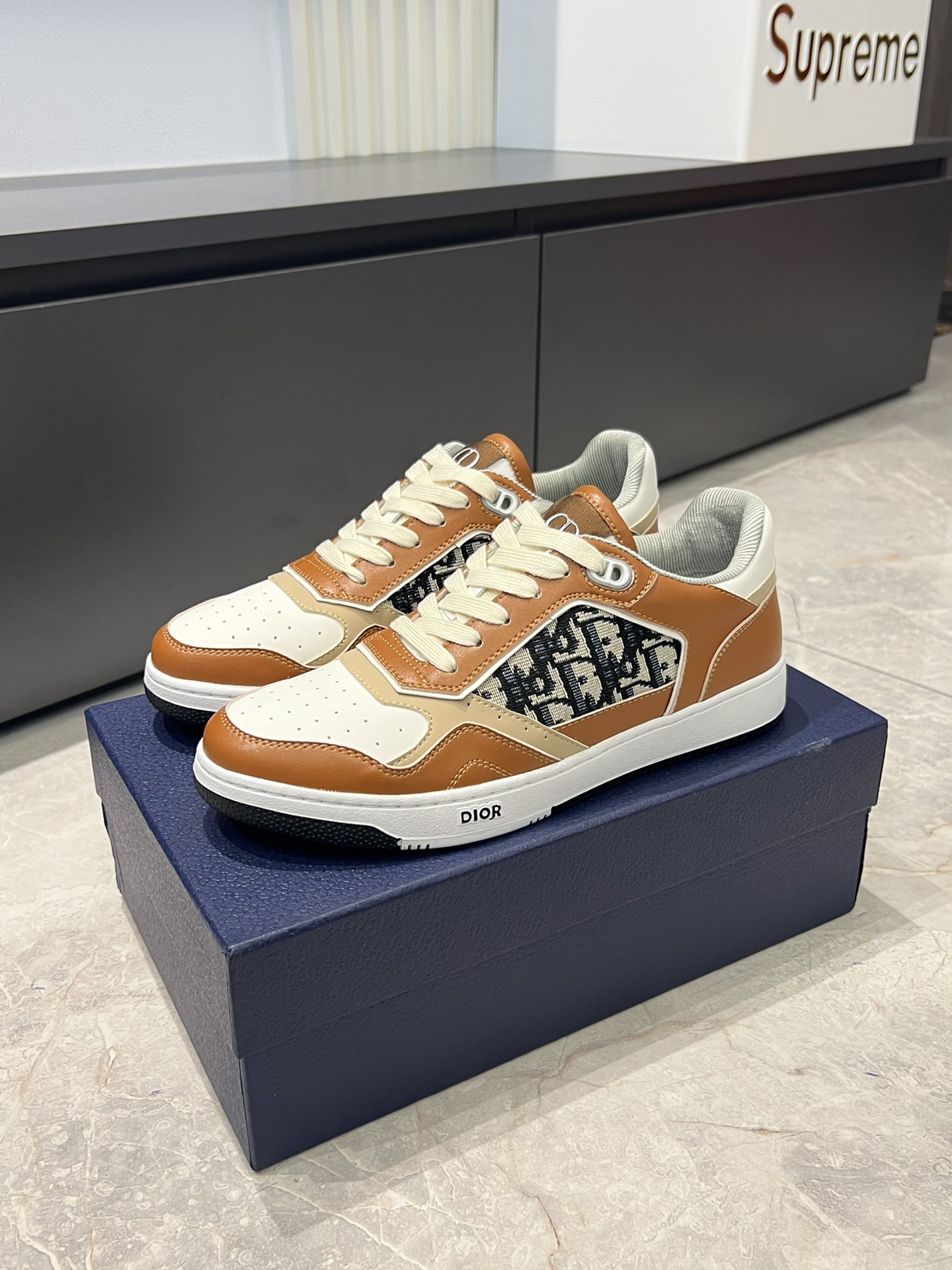Dior B27 Low-Top Sneaker: Beige and Black Oblique Print, Brown Leather Trim 4 i1717492797 3127 6
