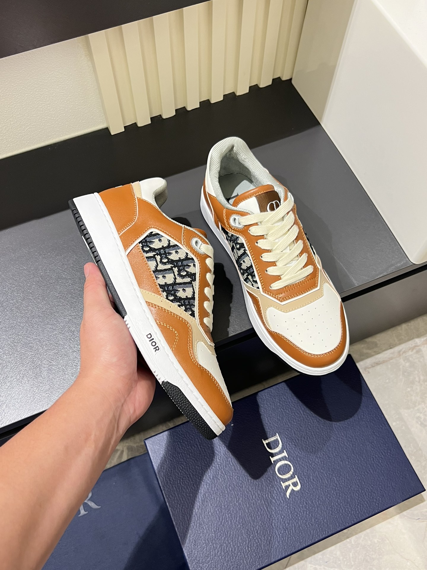 Dior B27 Low-Top Sneaker: Beige and Black Oblique Print, Brown Leather Trim 7 i1717492797 378 8