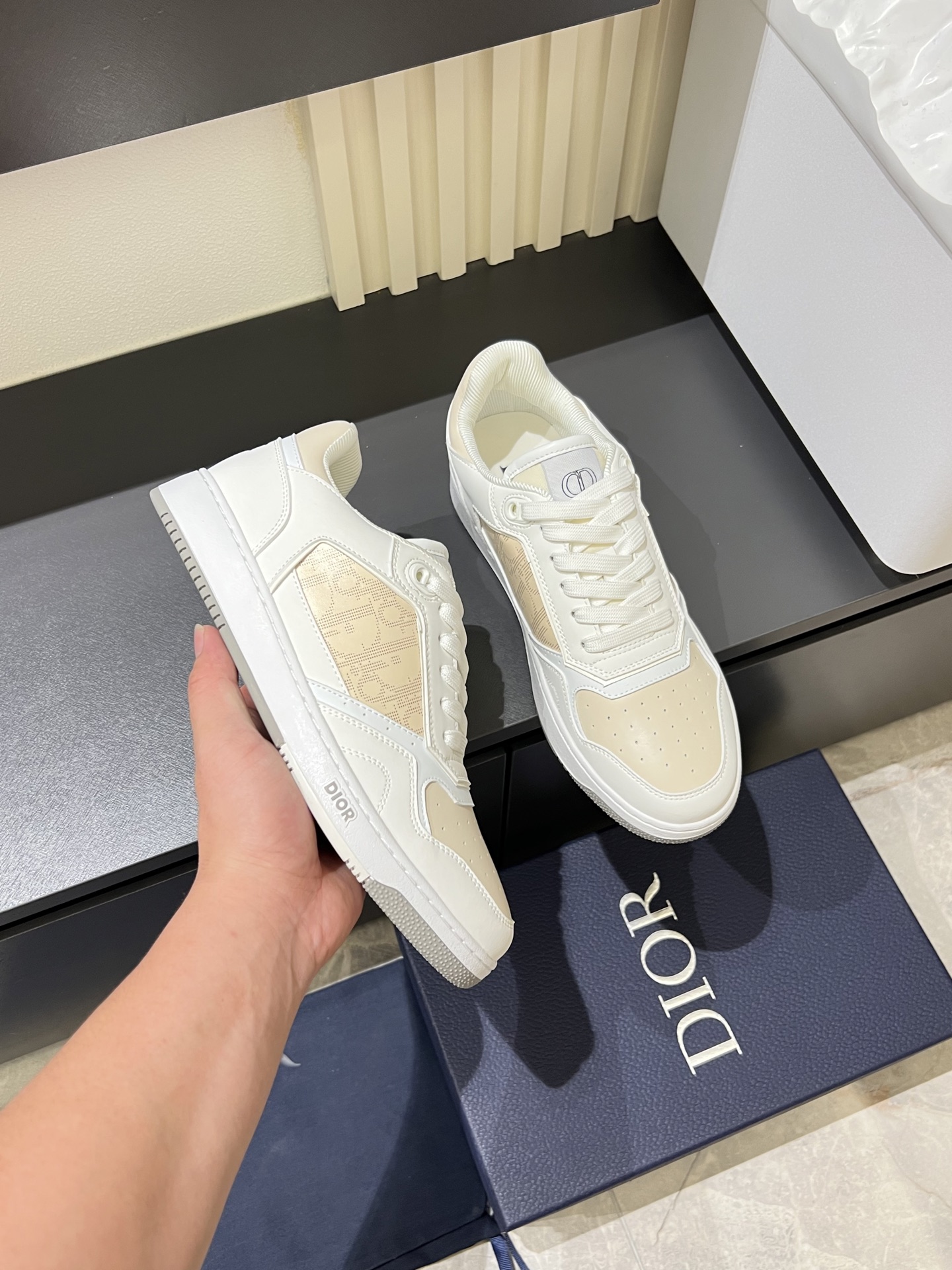 Dior B27 Low-Top Sneakers, Gray and White Calfskin, Oblique Print Inserts 8 i1745833304668 7175 0 5
