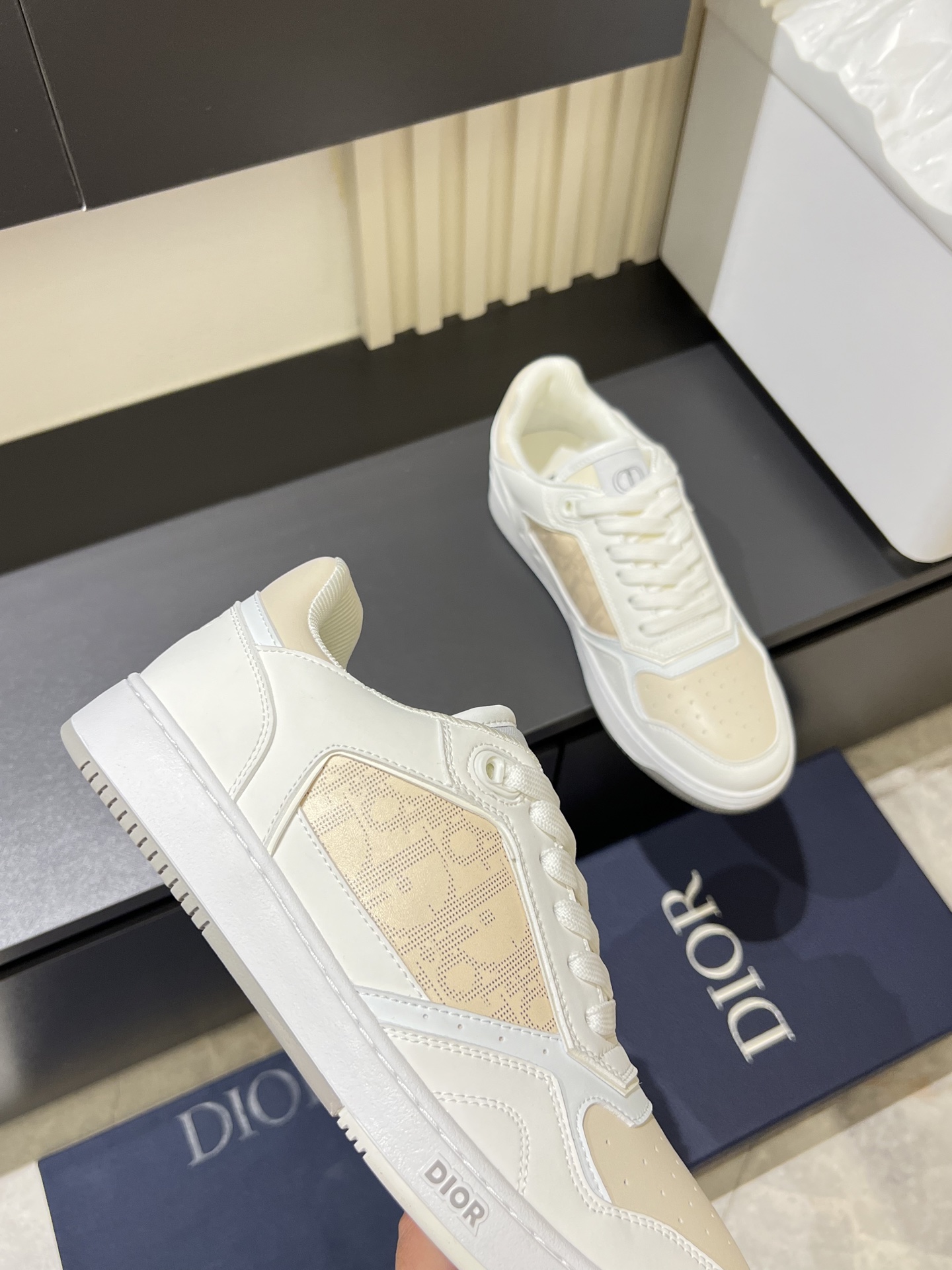 Dior B27 Low-Top Sneakers, Gray and White Calfskin, Oblique Print Inserts 7 i1745833306530 4826 0 7